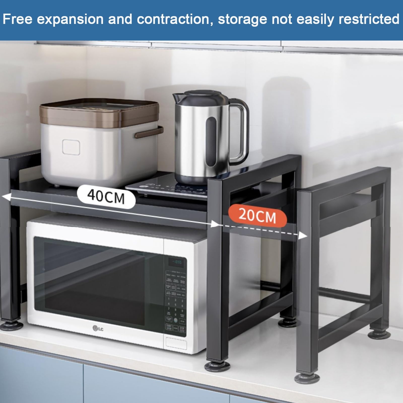 Ripiano Espandibile Per Microonde - Scaffale A 2 Livelli Con 5 Ganci, Allungabile 40-64cm