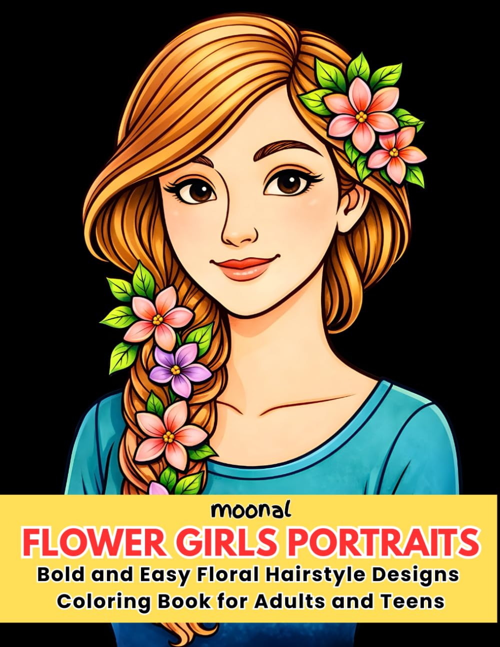 Flower Girls Portraits: Bold and Easy Floral Hairstyle Designs Coloring Book for Adults and Teens
