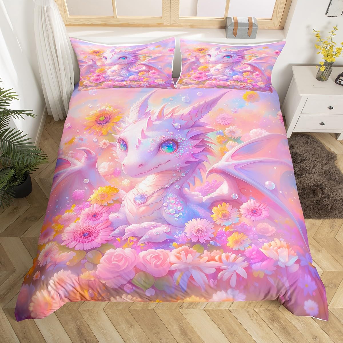 Parure de lit dragon en polyester doux avec motif floral raffiné