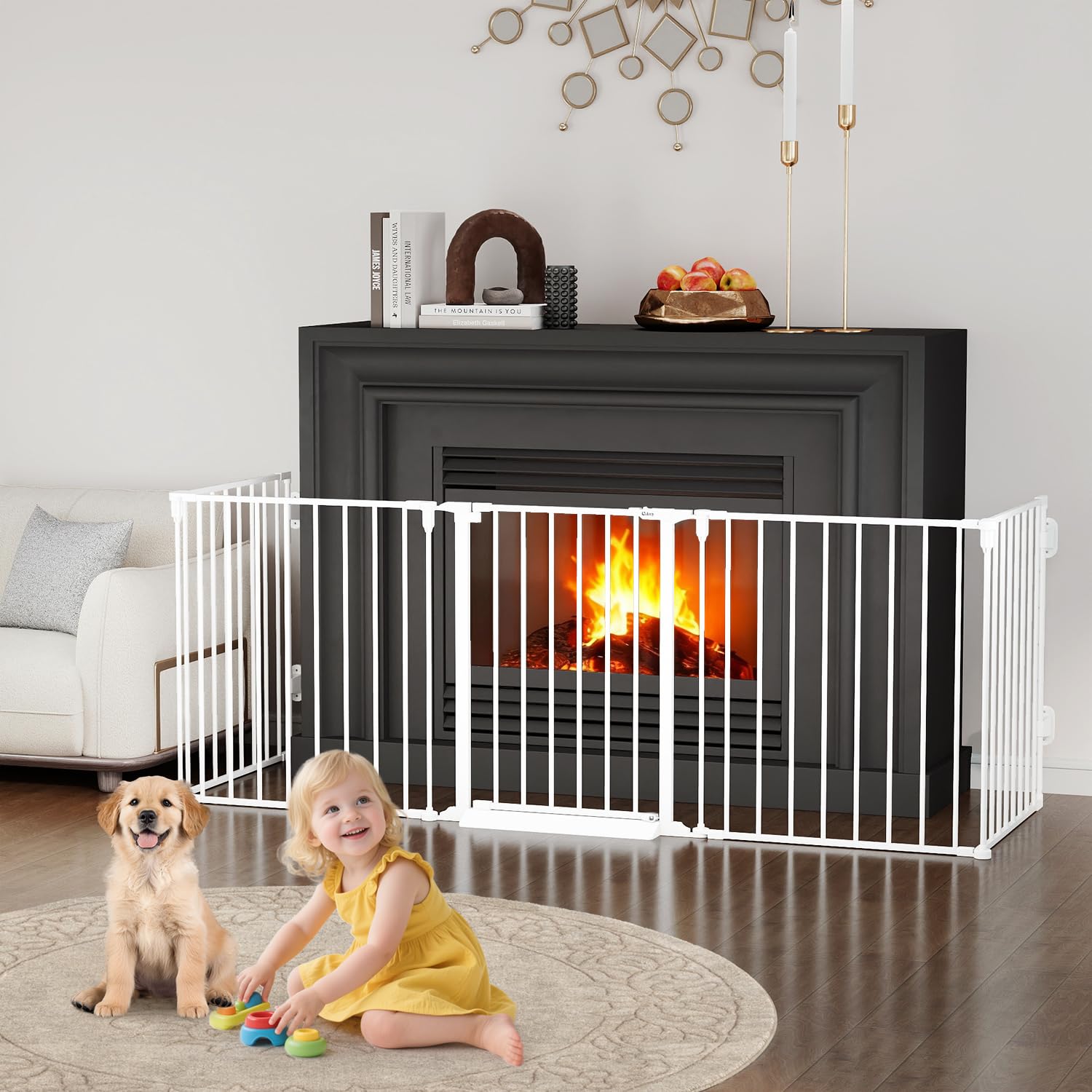 Photo 1 of Cideny 127.5" Extra Wide Baby Gate for Fireplace Christmas Tree, Configurable 5 Metal Panels Baby Fence, Child Gate for Wide Openings with Anti-Trip Pedal, Long Kid Gate for Dog Pet, 28'' Tall White