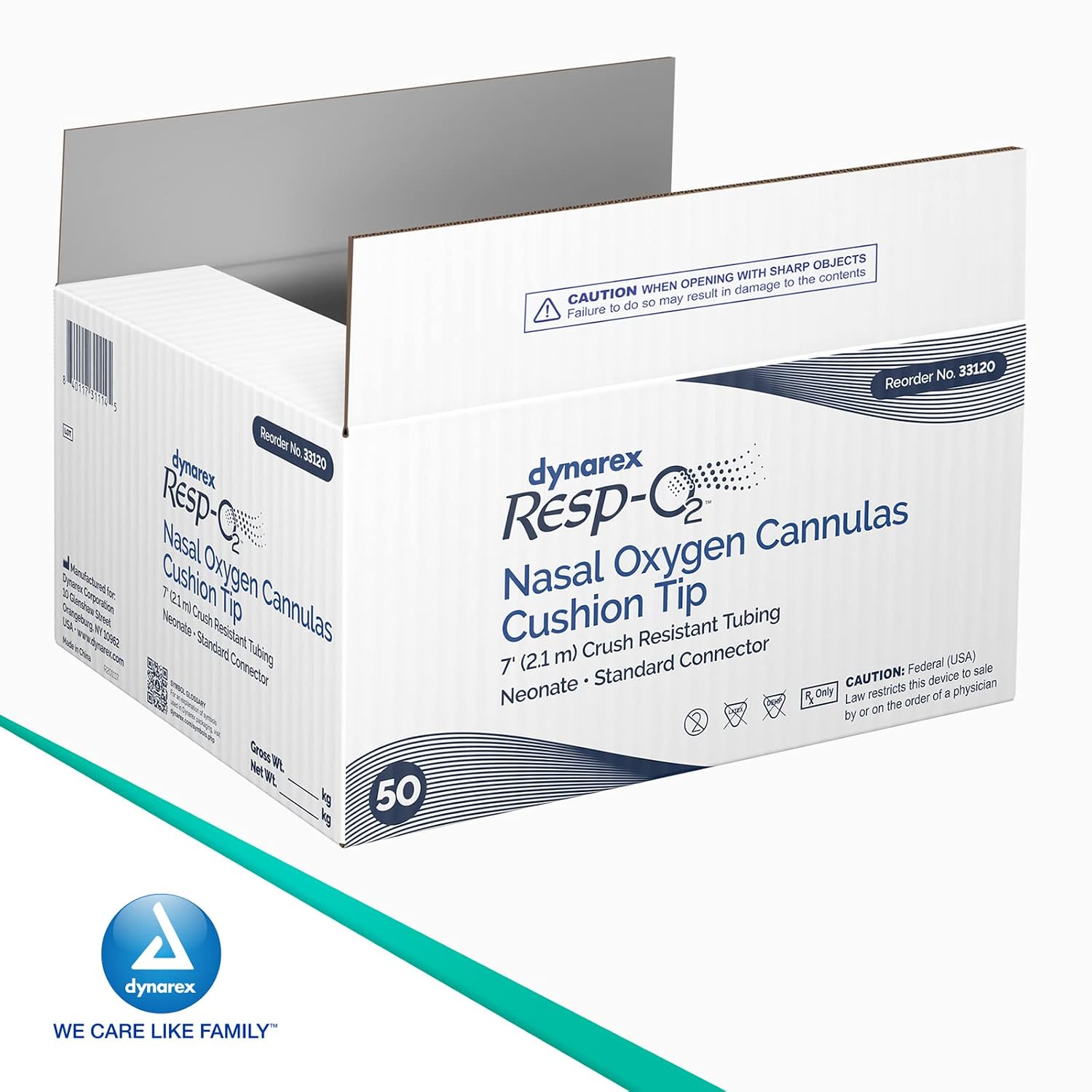 Dynarex 33120 Nasal Cannula for Oxygen Therapy, 7', Crush Resistant, Soft Cushion Tip, Standard Connector, Pack of 50