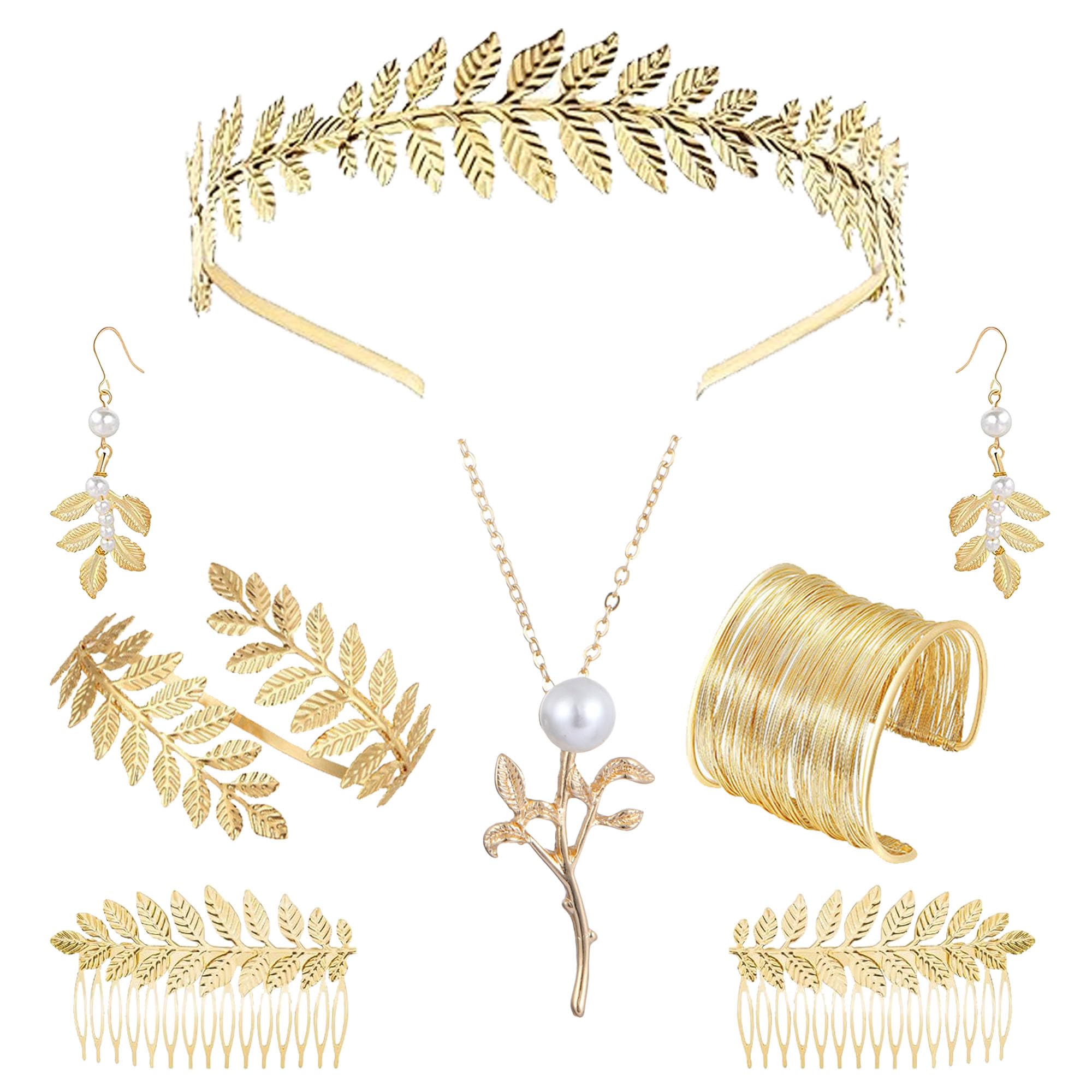 6 Pieces Greek Goddess Accessories Costume Set for Women – Gold Leaf Bridal Crown, 2 Side Combs, Necklace, Earrings, Arm Cuff& Bracelet – Toga Party, Wedding, Cosplay