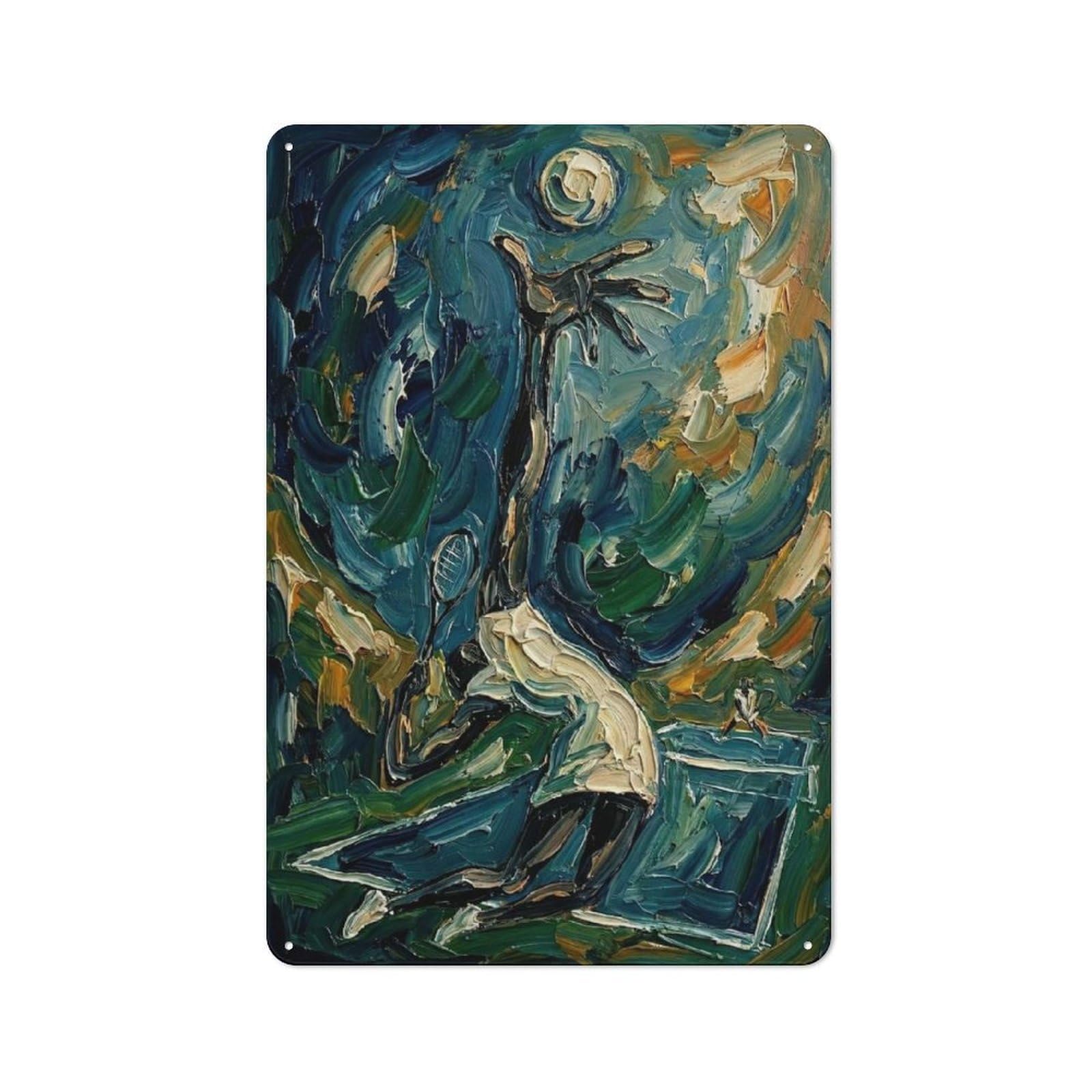 Junmoney Style-24 Workshop Style Impressionistic Tennis Player Reaching For Moon Tin Sign 30X20cm, Workshop Wall Decor For Tool Room, Garage, Studio Or Home Bar