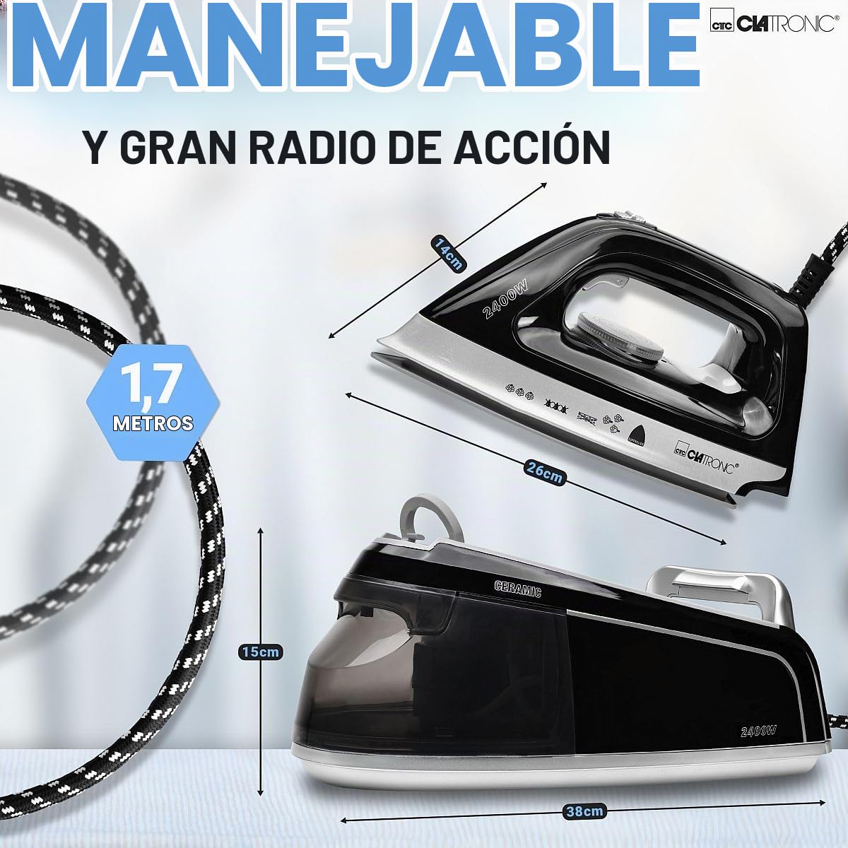 Centro de planchado a vapor Clatronic con plancha de vapor | 3,5 bar | plancha de vapor con suela Superglide y depósito de agua de 1,2L | 80 min. de autonomía | 2400W | con sistema antigoteo |DBS 3749