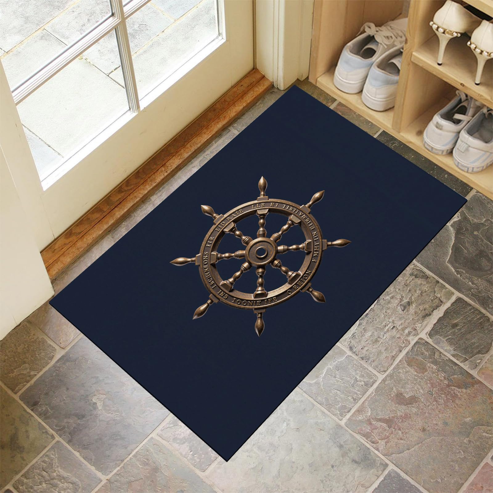 Tappeto Diagramma Del Timone Della Nave Classica Ingresso Interno, Zerbino Tappeti Stile Nautico Classico 80 X 120 Cm Antiscivolo Lavabile In Lavatrice Bronzo Camera Da Letto Entrata Scendiletto