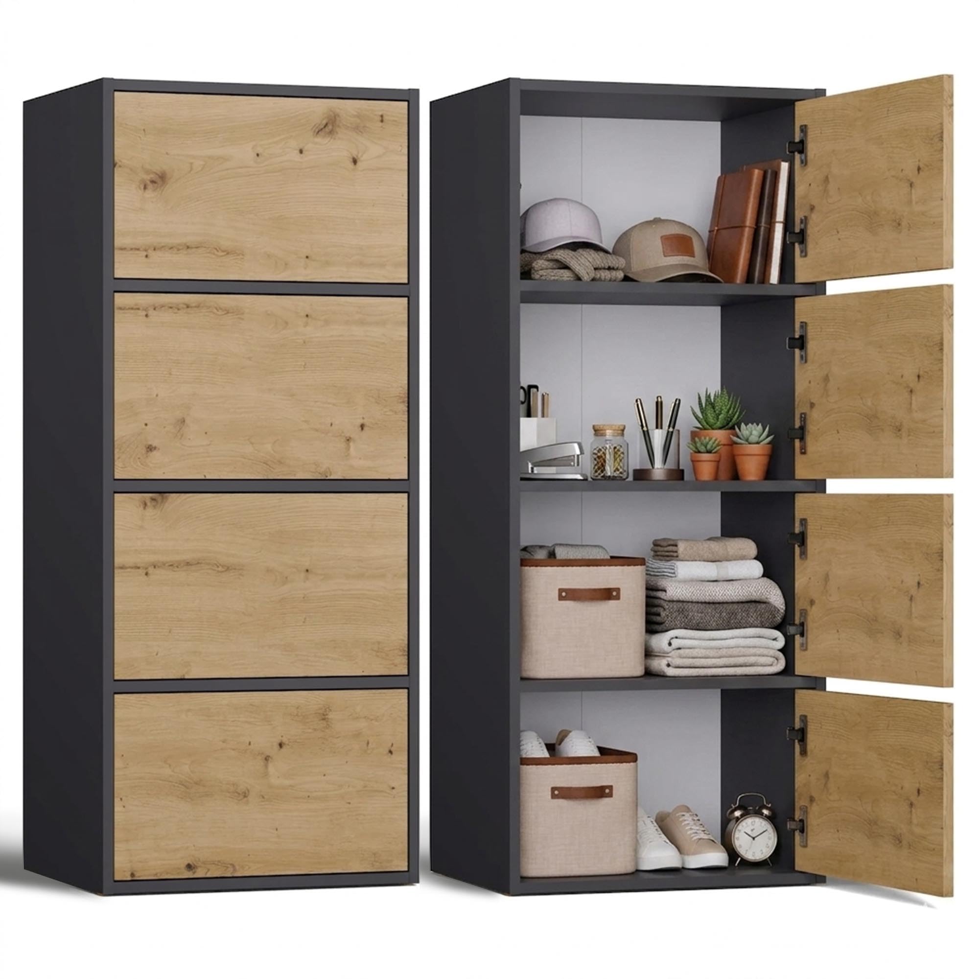 CDF Kommode Mehrzweckschrank 4 Türen Highboard Allzweckschrank Hochkommode Flurschrank für Wohnzimmer Büro Flur Schlafzimmer Aktenschrank Anthrazit/Eiche Artisan Regalschrank 16 mm Platte 40x50x119 cm