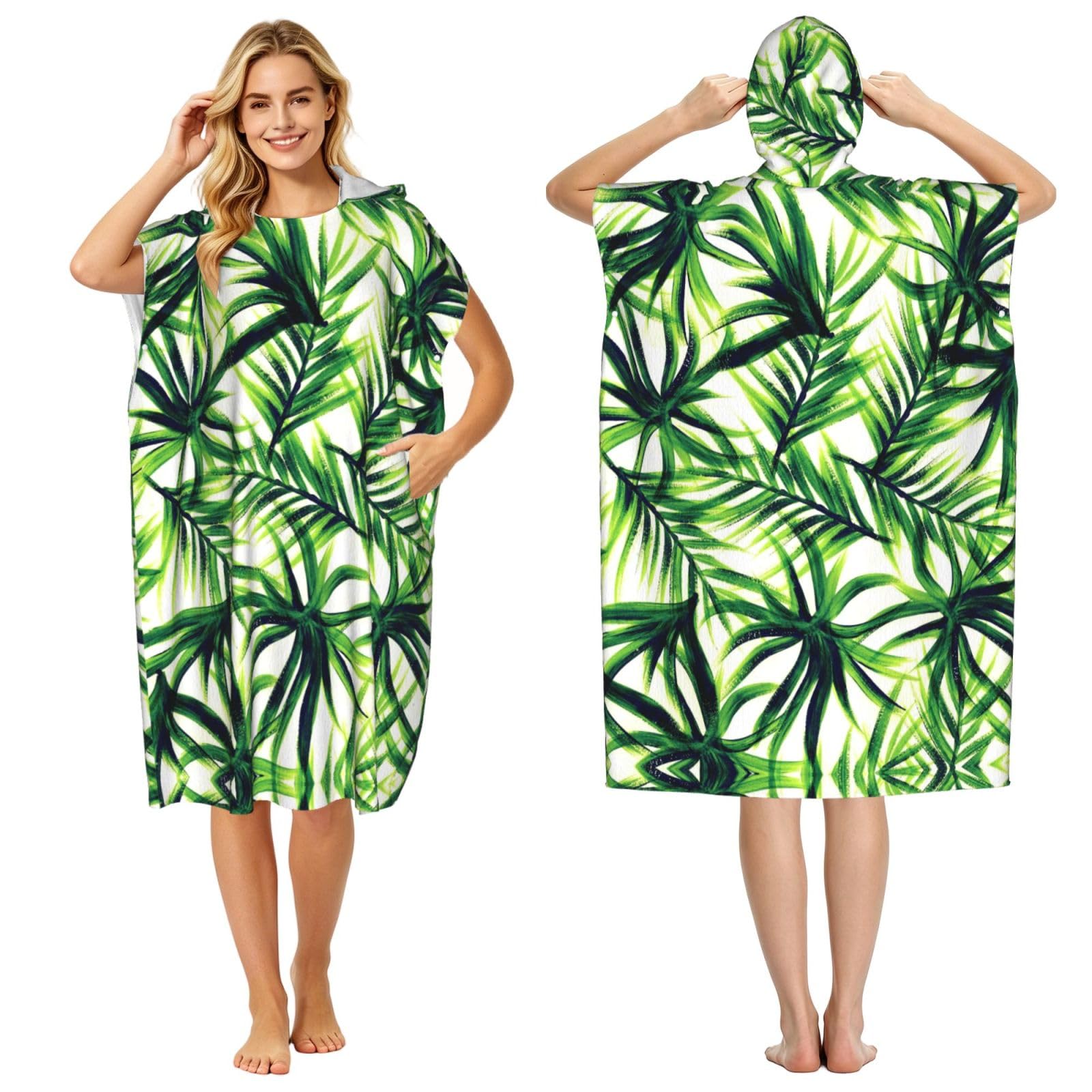 EZDLOWVBA Palm Tree Green Leaves Print Hooded Poncho Microfiber Beach Towel,Adult Women & Men Changing Robe,Lightweight Summer Surf Swim Bath Poncho Towel