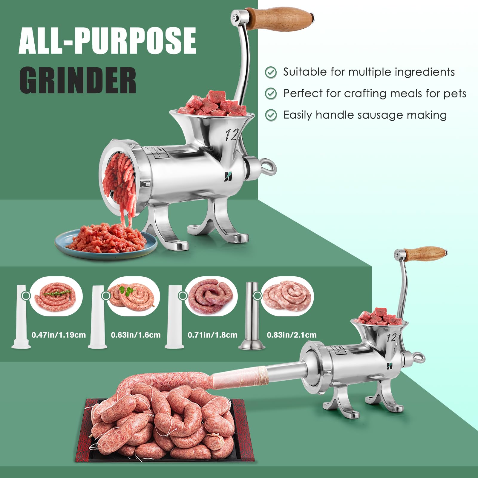 Huanyu Picadora de carne de acero inoxidable con relleno de salchichas y accesorio para galletas, apto para lavavajillas, para carne de vacuno, cerdo y verduras, picadora de carne (n.º 12)