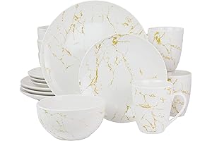 Elama Fine Marble Round Gloss Dinnerware Dish Set in White and Gold
