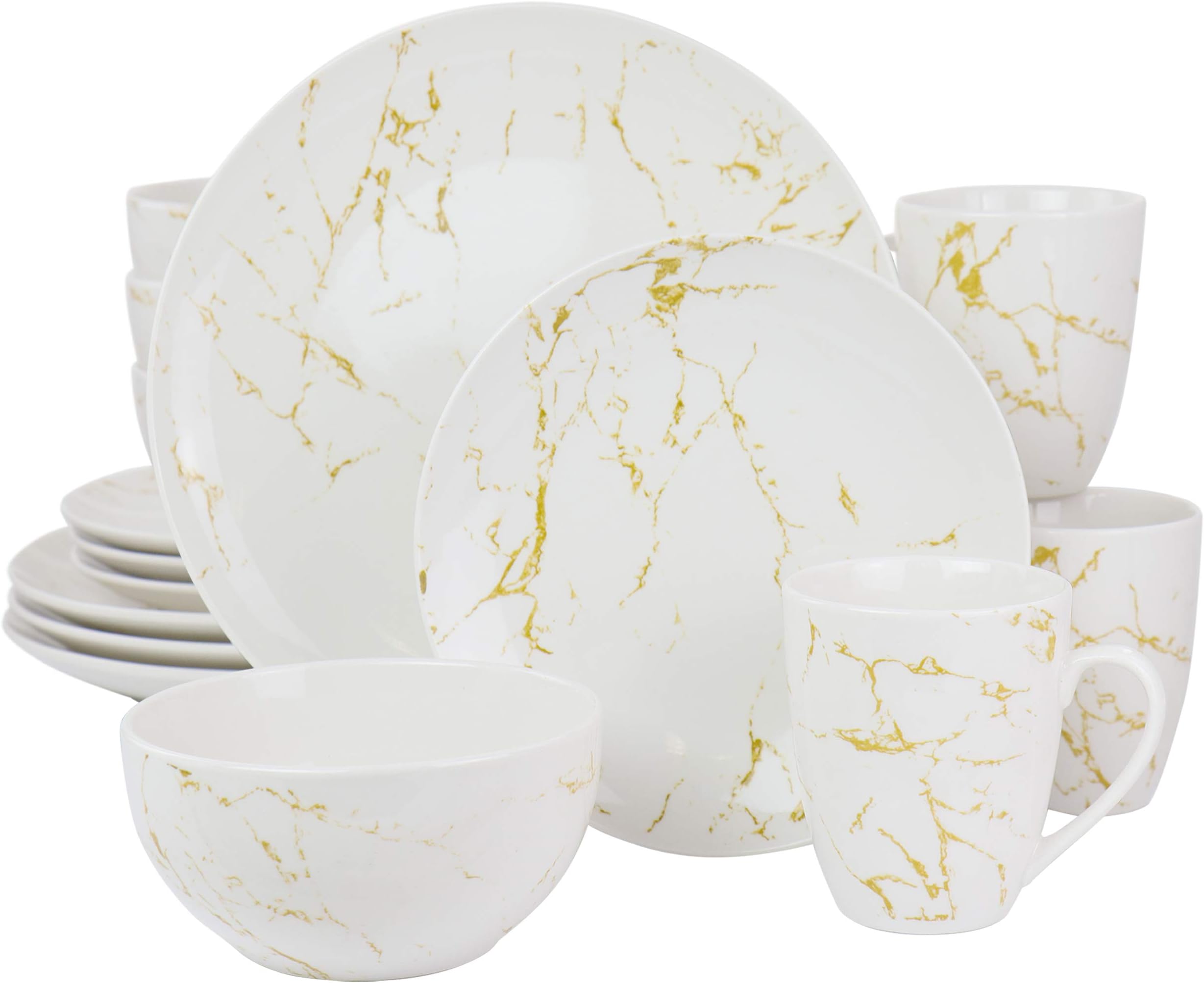 Elama Fine Marble Round Gloss Contemporary Dinnerware Set, Stoneware, White and Gold