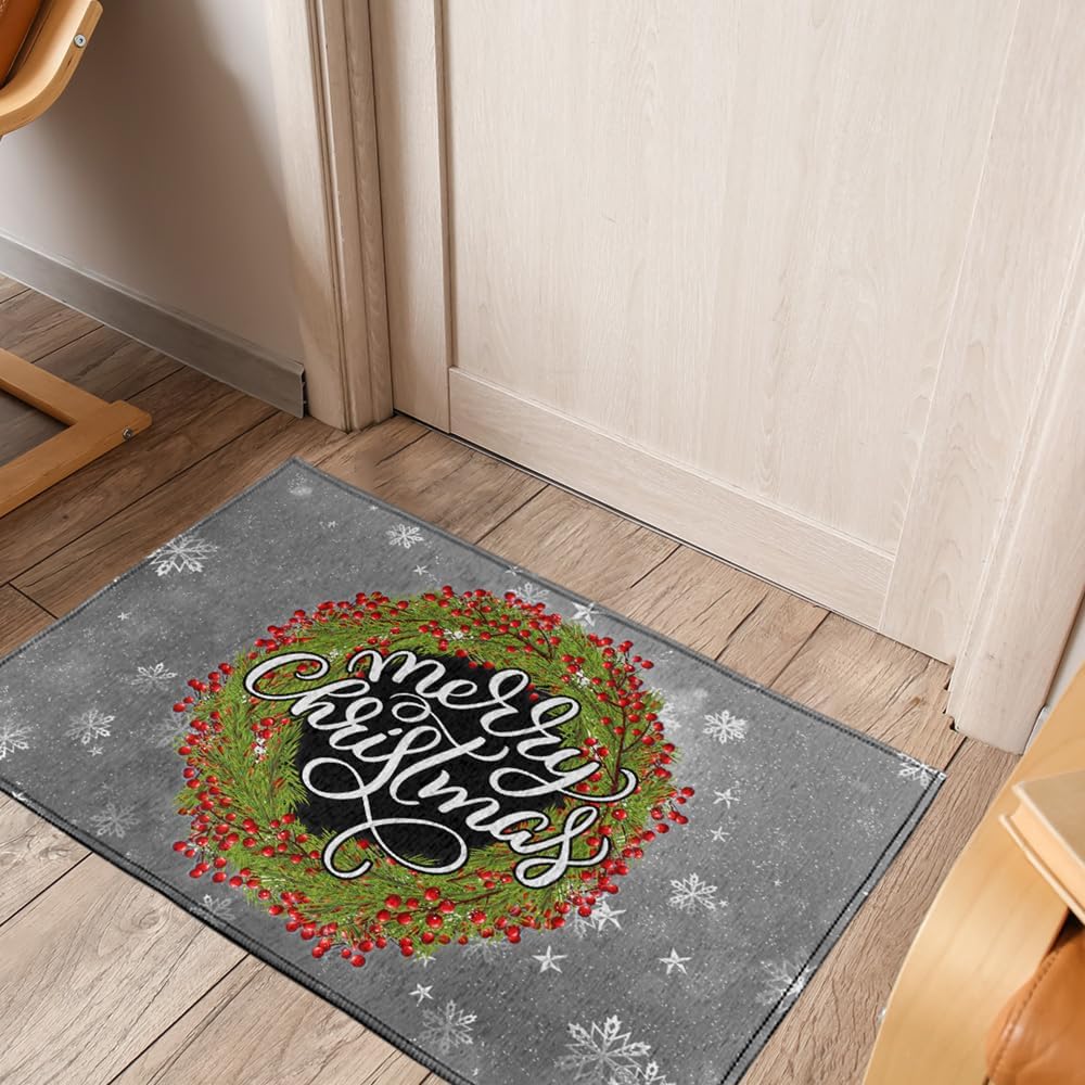 GRAPHICS & MORE Anti-Slip Indoor Doormat, 20” x 31.5” Merry Christmas Wreath, Floor Mat for Inside Entry Way/Back Door Garage Mudroom Home and Office, Low Profile