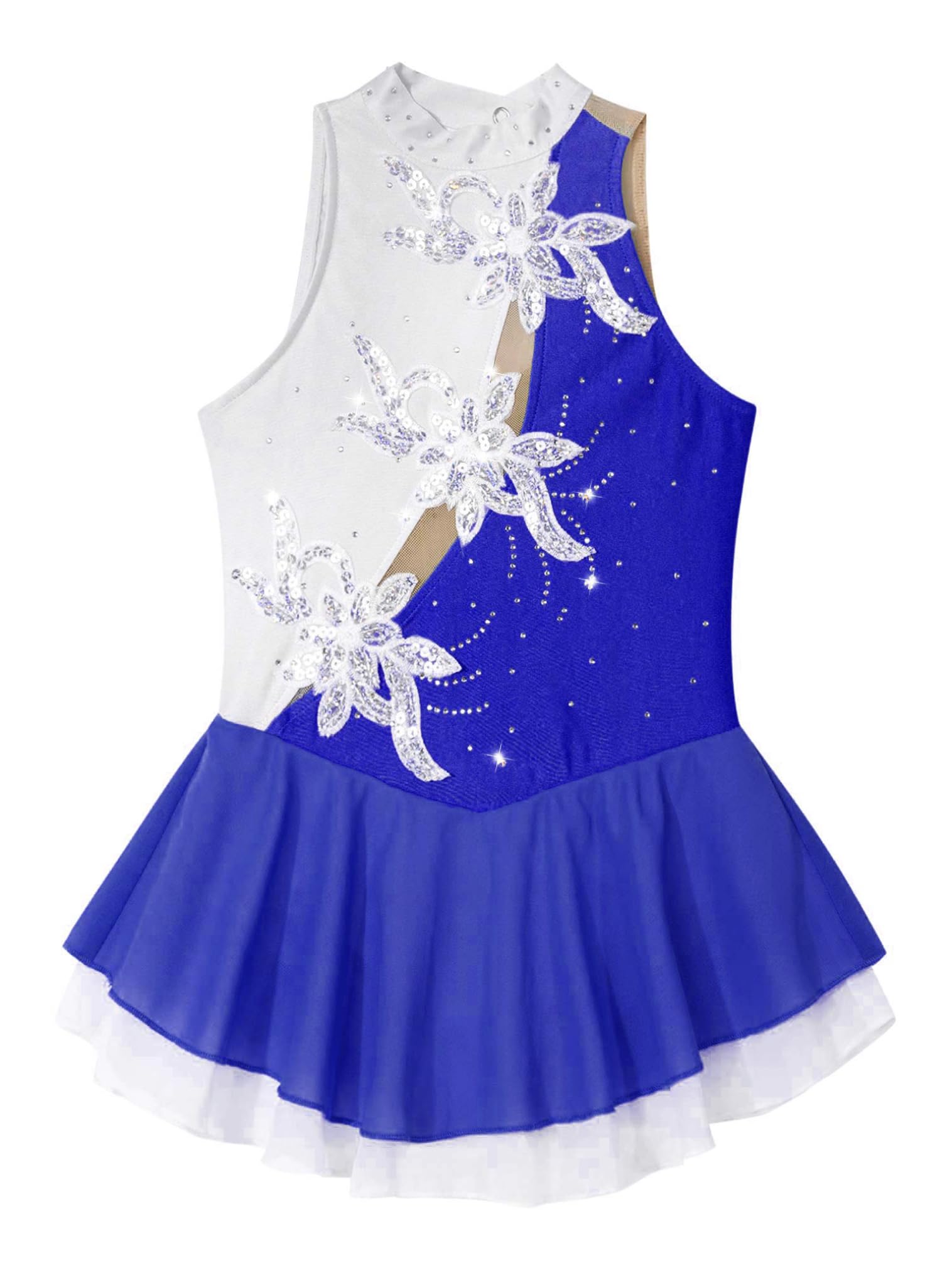FEESHOW Mädchen Eiskunstlauf Kleid Neckholder Pailletten Blumen Eislaufen Kleid Tanz Trikot Kinder Glänzende Rollschuhlaufen Tanzkleidung