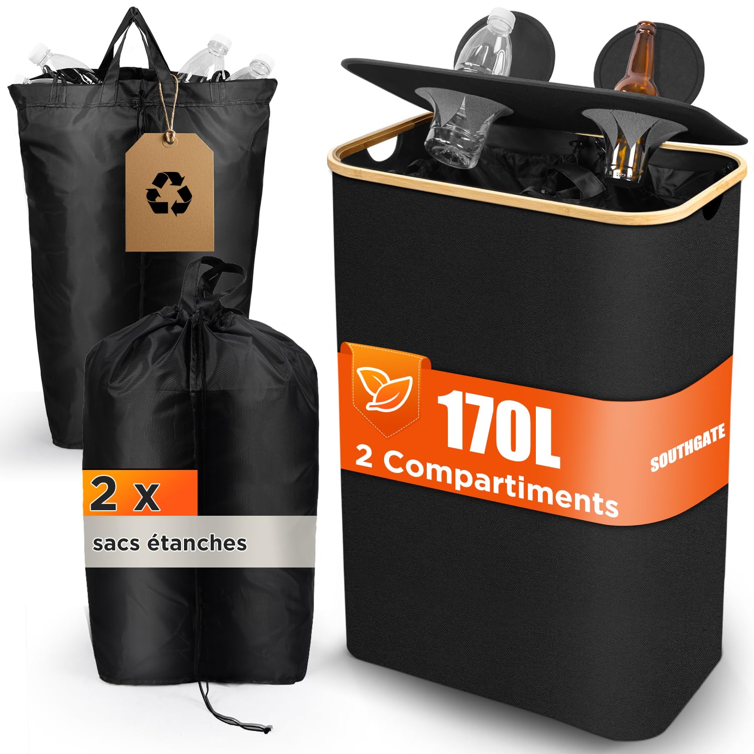 SOUTHGATE 170L Collecteur de Bouteilles Avec Couvercle, 2 Compartiments Poubelle Recyclage, 2 Réutilisables Sac Recyclage, Poubelle Tri Selectif Pour Plastique, Bouteilles Verre, Noir