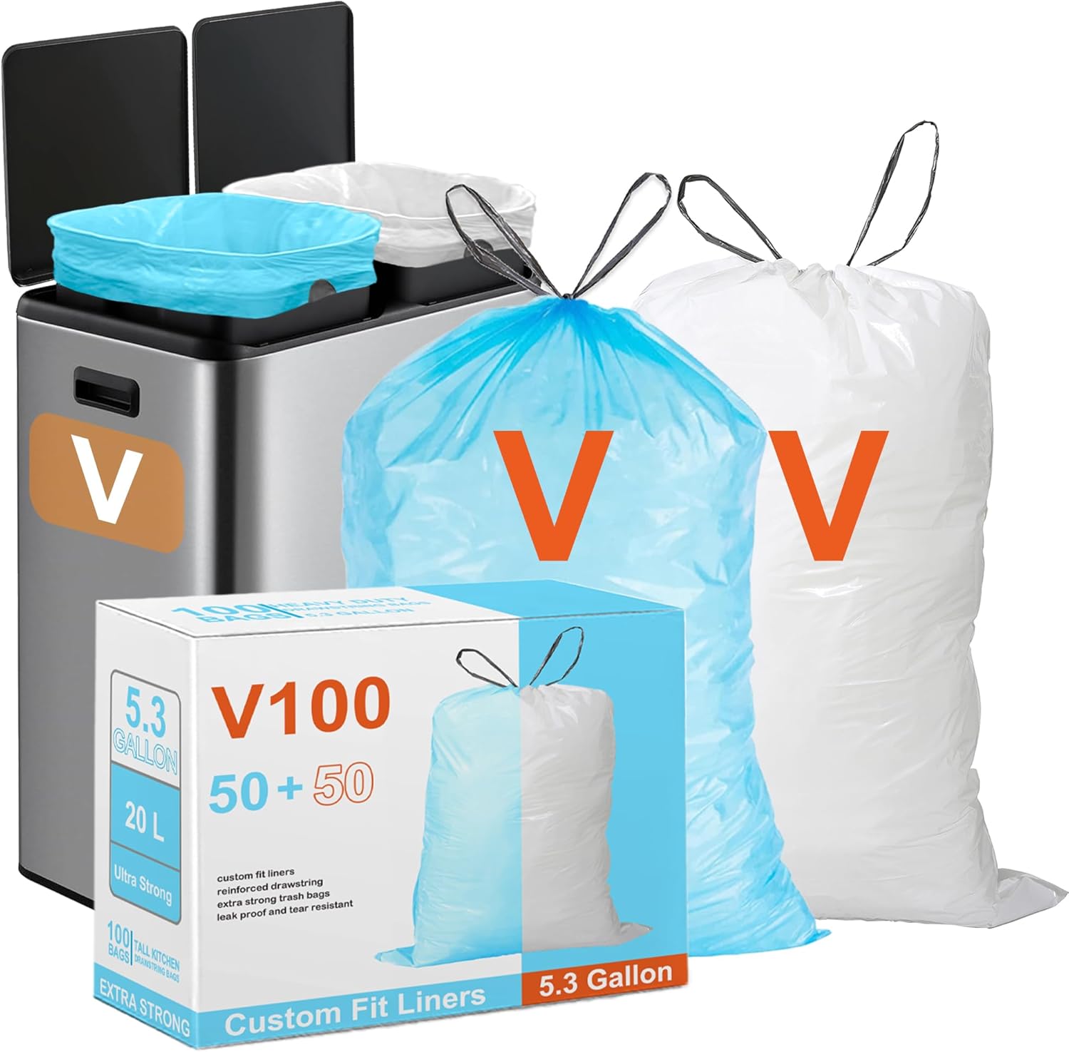 100 Count Blue & White Compatible with simpIehuman Code V Heavy Duty Trash Bags THICK Garbage Can Liners Reinforced Drawstring Trash Bags Blue 50 & White 50 TOTAL 100 Count GRAND SAVE!