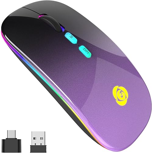 LED Wireless Mouse, Bluetooth Mouse &2.4GHz Instant Connection,Rechargeable Ultra Silent Slim,3 DPI 2 Connection Modes with USB-C to USB Adapter for