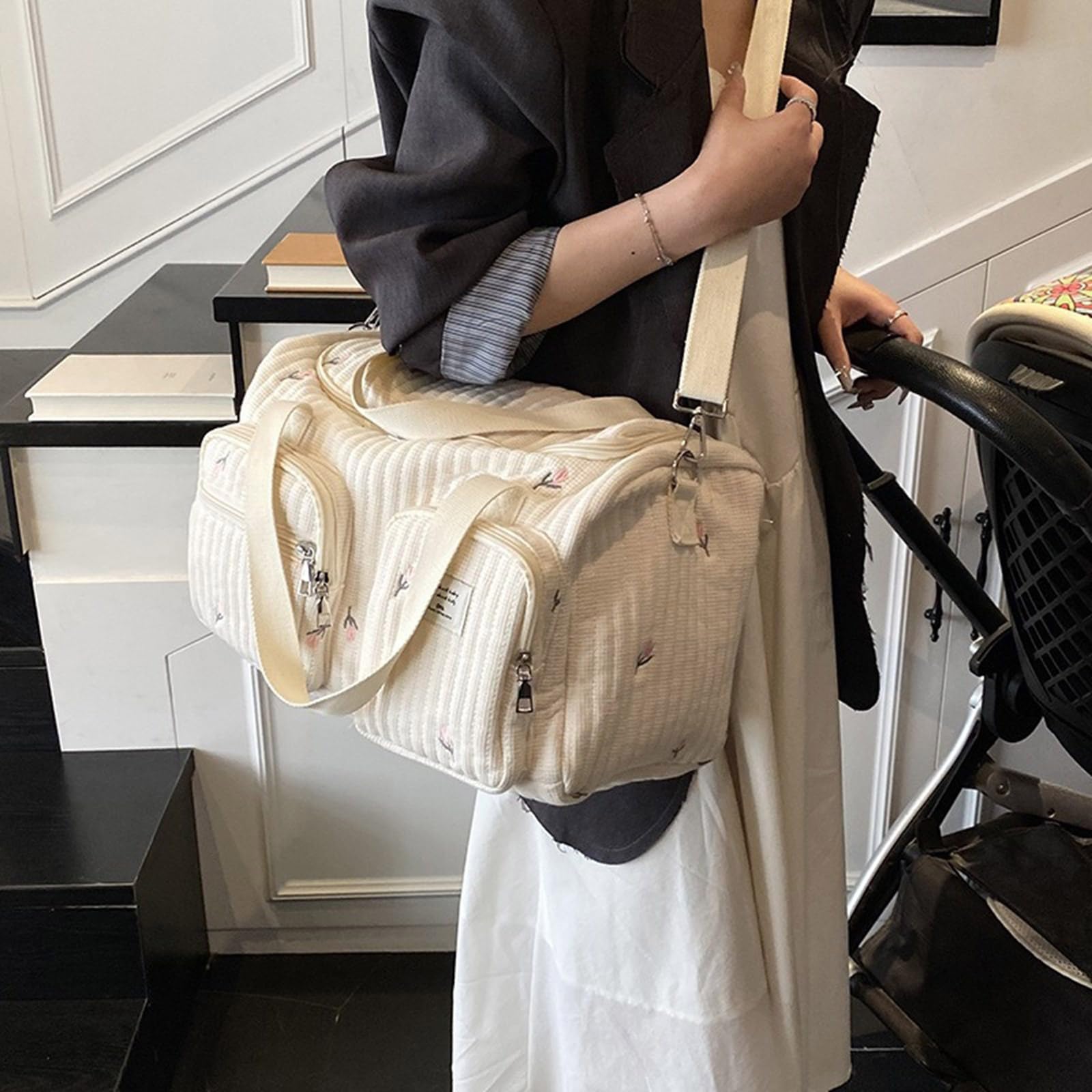 Bolso cambiador de pañales de bebé con bordado de dibujos animados, gran capacidad, organizador de algodón con correa para el hombro