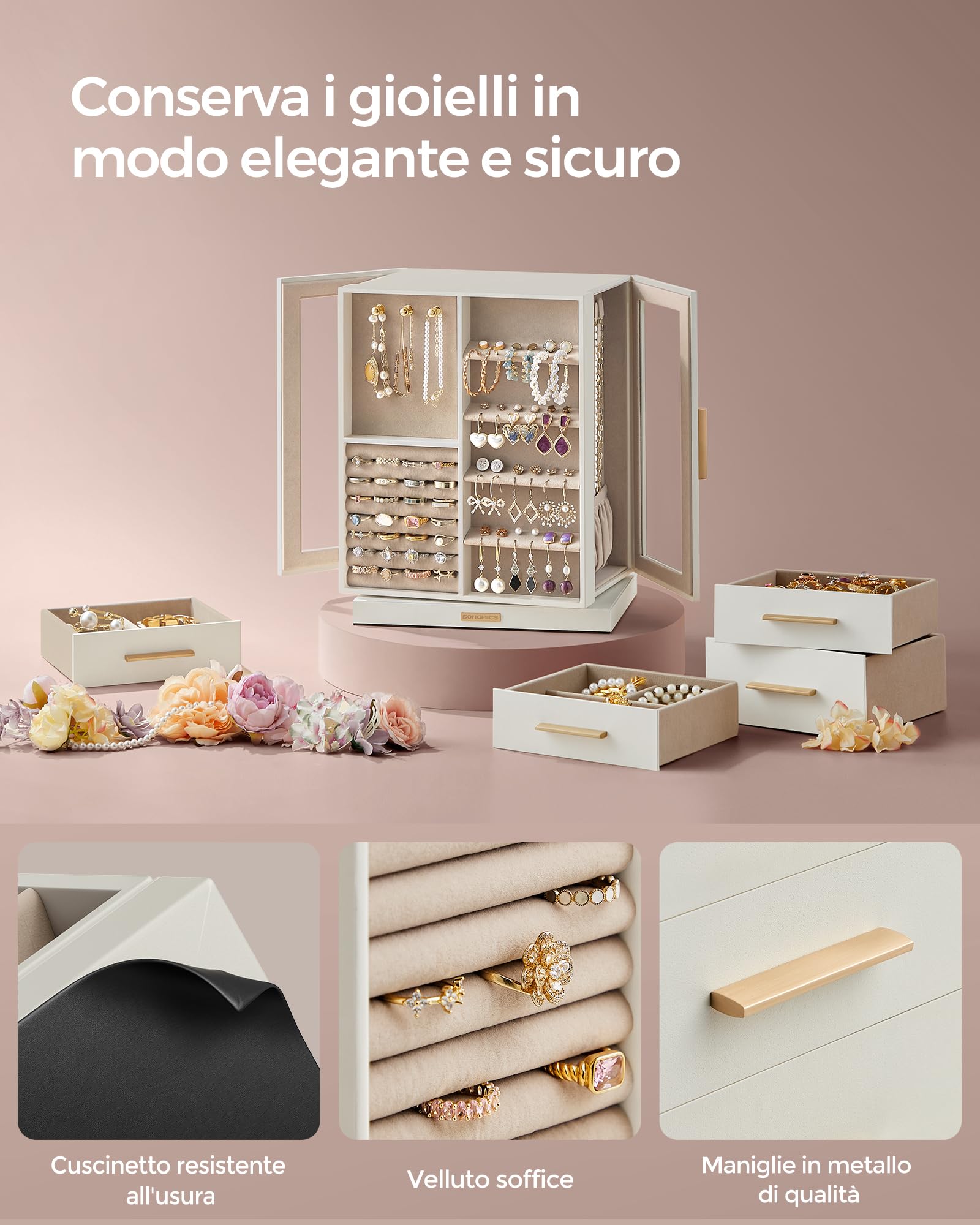 SONGMICS GISELLA Collezione - Scatola Portagioie Girevole a 360°, Porta Gioielli Verticale con 5 Cassetti, Finestre in Vetro, Capiente, Design Aperto, Idea Regalo, Bianco Nuvola JBC170W01