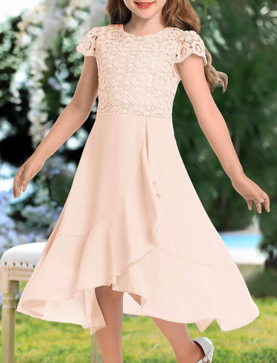HOSIKA Girls Vintage Lace Chiffon Ruffle Sleeve A-Line Wedding Party Junior Bridesmaid Dress for Kids 6-12 Years