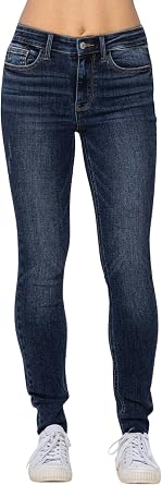 Judy Blue Womens Mid-Rise Vintage Wash Skinny Jeans with Raw Hems