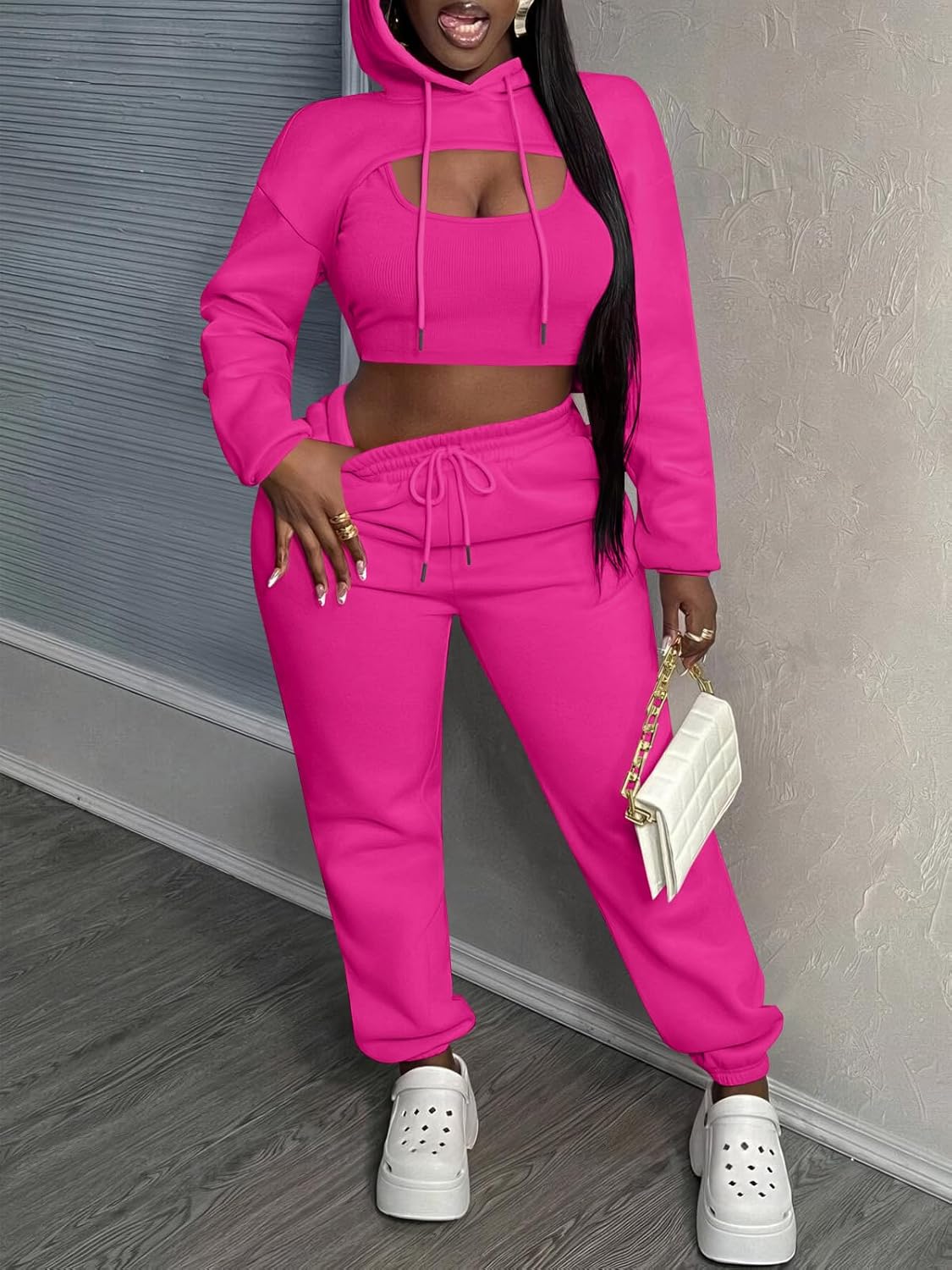Women 3 Piece Sweatsuit Set Sexy Long Sleeve Pullover Cropped Hoodie Tank Top and Jogger Sweatpants Tracksuit - Image 6