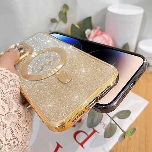 Miniatura 2 de KANGHAR Funda magnética con purpurina para iPhone 14 Pro Max de 6.7 pulgadas, diseño de patrón de corazón de amor chapado transparente compatible