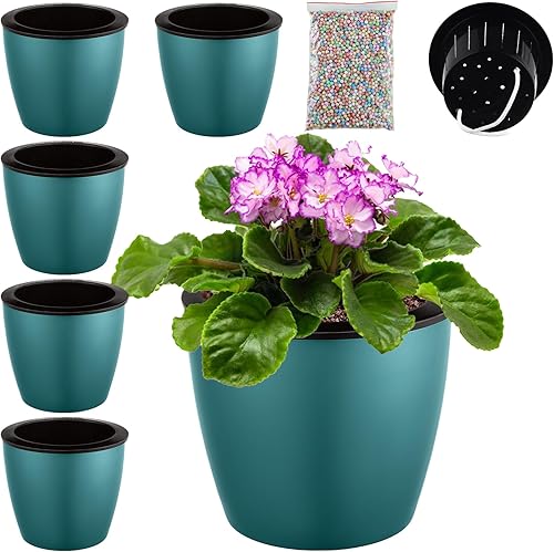 Planterhoma Paquete de 5 macetas de riego automático prémium para plantas de interior, azul y dorado, 6.7 pulgadas