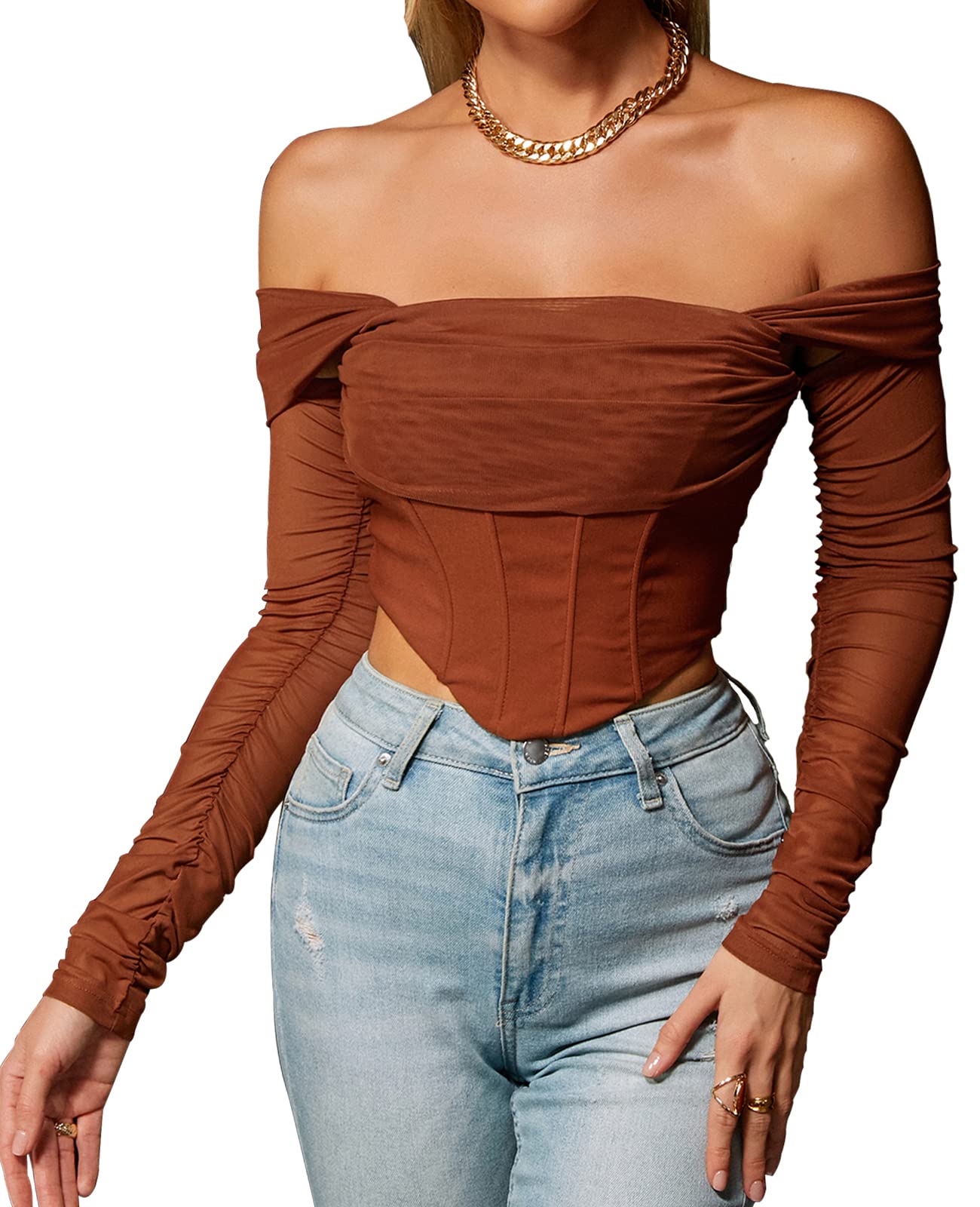 Mesh Sheer Long Sleeve Corset Crop top Ruched off Shoulder Blouse Push