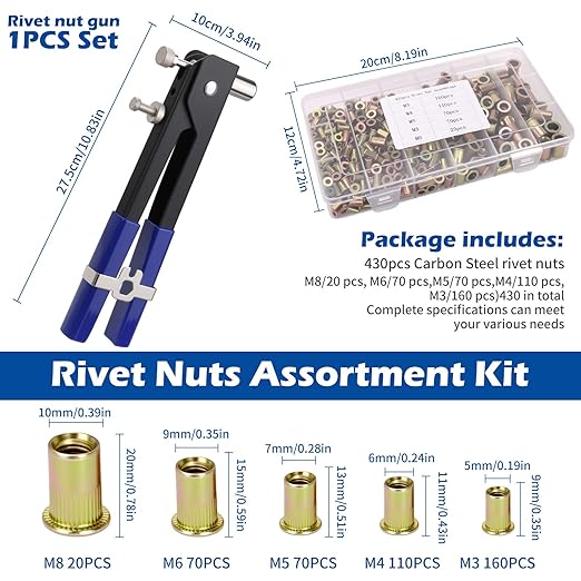 Kit de herramienta para tuercas remachables 430 piezas M3-M8 acero al carbono miniatura 2