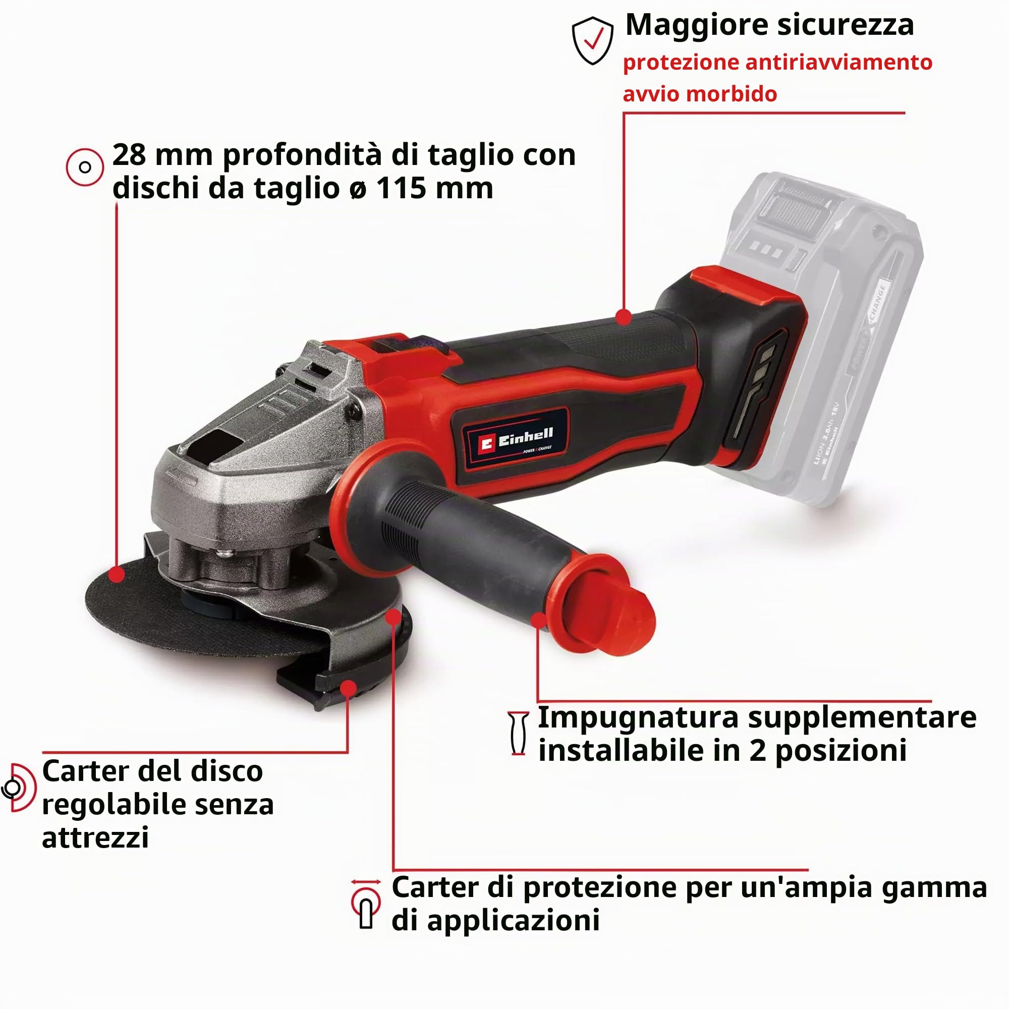 Einhell Smerigliatrice angolare Ø 115 mm senza fili TE-AG 18/115-2 Li Solo Power X-Change (18 V, profondità di taglio 28 mm) Consegnato senza batteria o caricabatterie