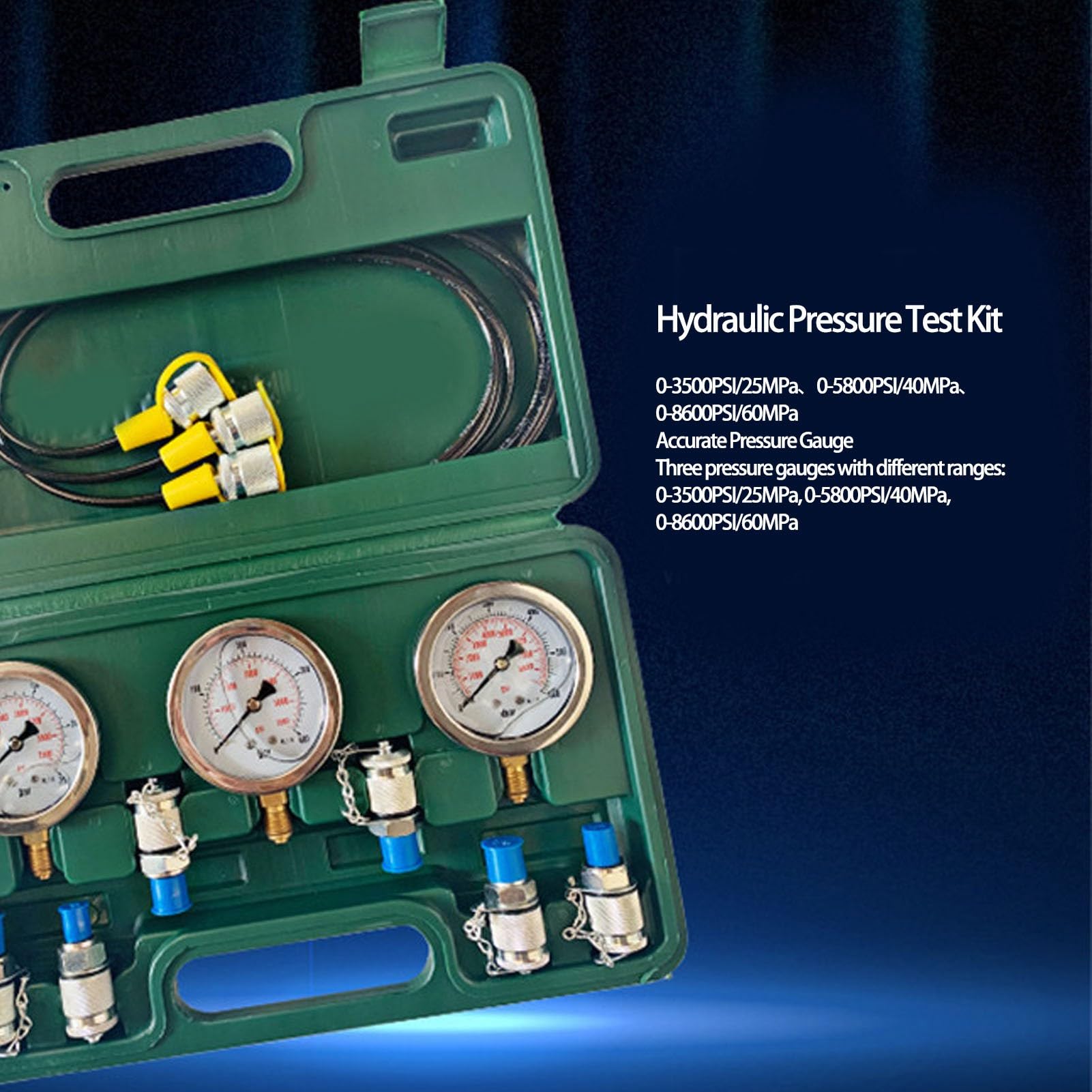 Kit Prova Pressione Idraulica Professionale Portatile con 3 Manometri 6 Raccordi 3 Tubi per Impianti Idraulici Industriali Escavatori Pompe