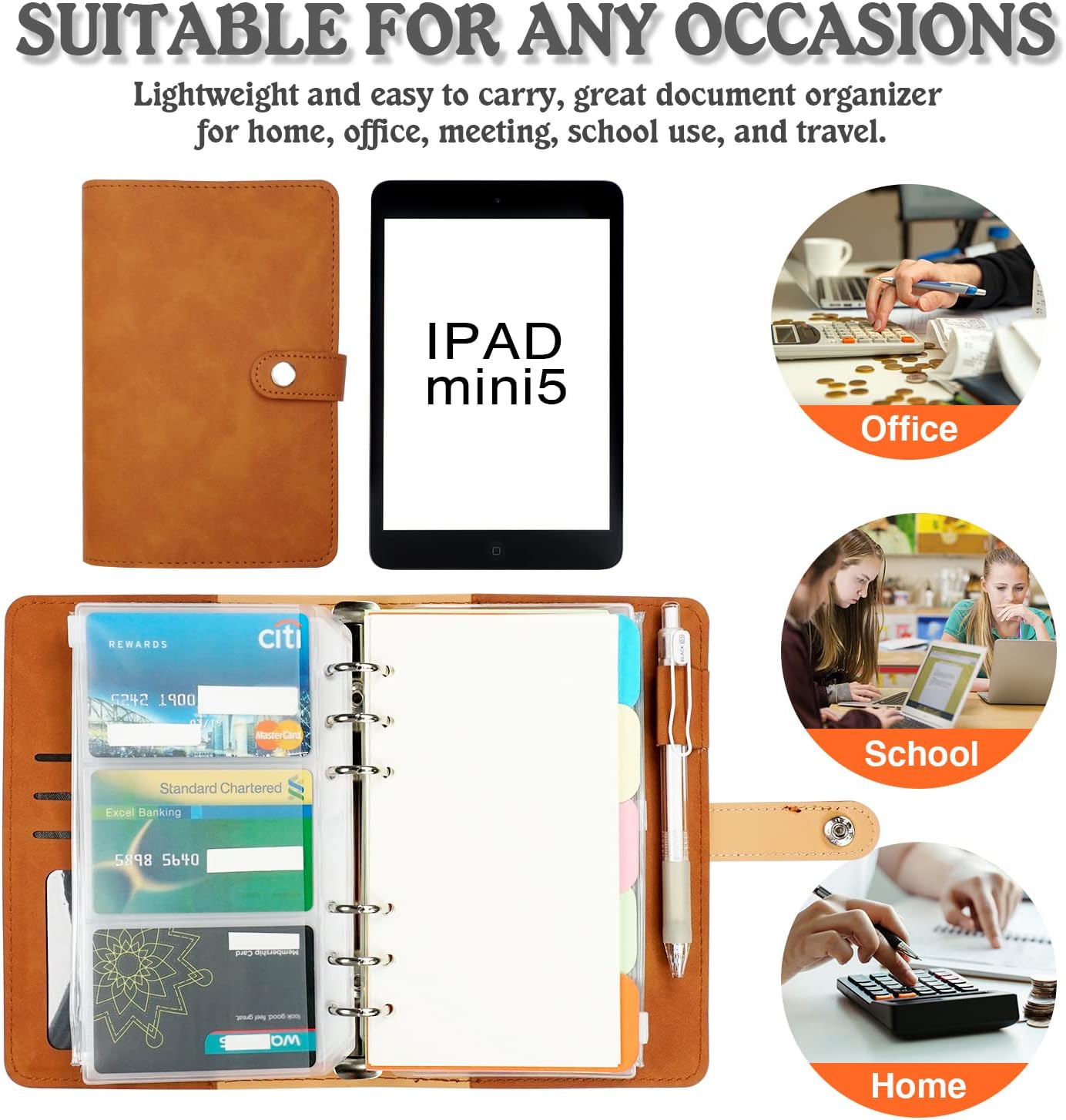Budget Binder with Cash Envelopes System, A6 PU Leather Notebook Binder with 12pcs Cash Envelope 2 Card Slots & 32 Labels, Budget/Savings Binder with Envelope System,6 Ring Binder Pockets(Brown)