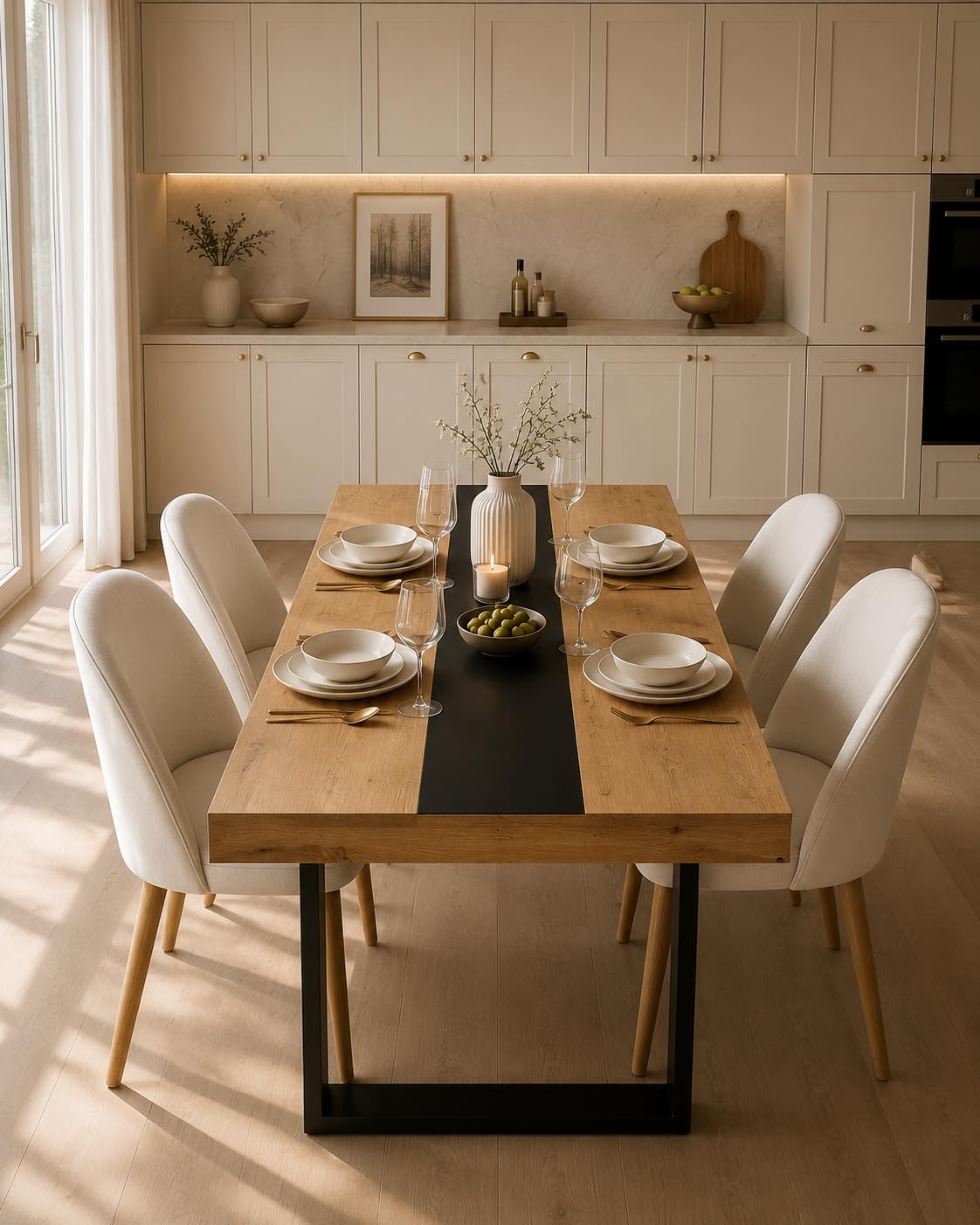 Esstisch 160x80cm Moderner Esszimmermöbel in Eiche-Optik mit Schwarzem Feinleinen-Dekor Stabiler Küchentisch Rechteckig für 6-8 Personen Esszimmertisch Holztisch Tisch für Esszimmer Küche Büro