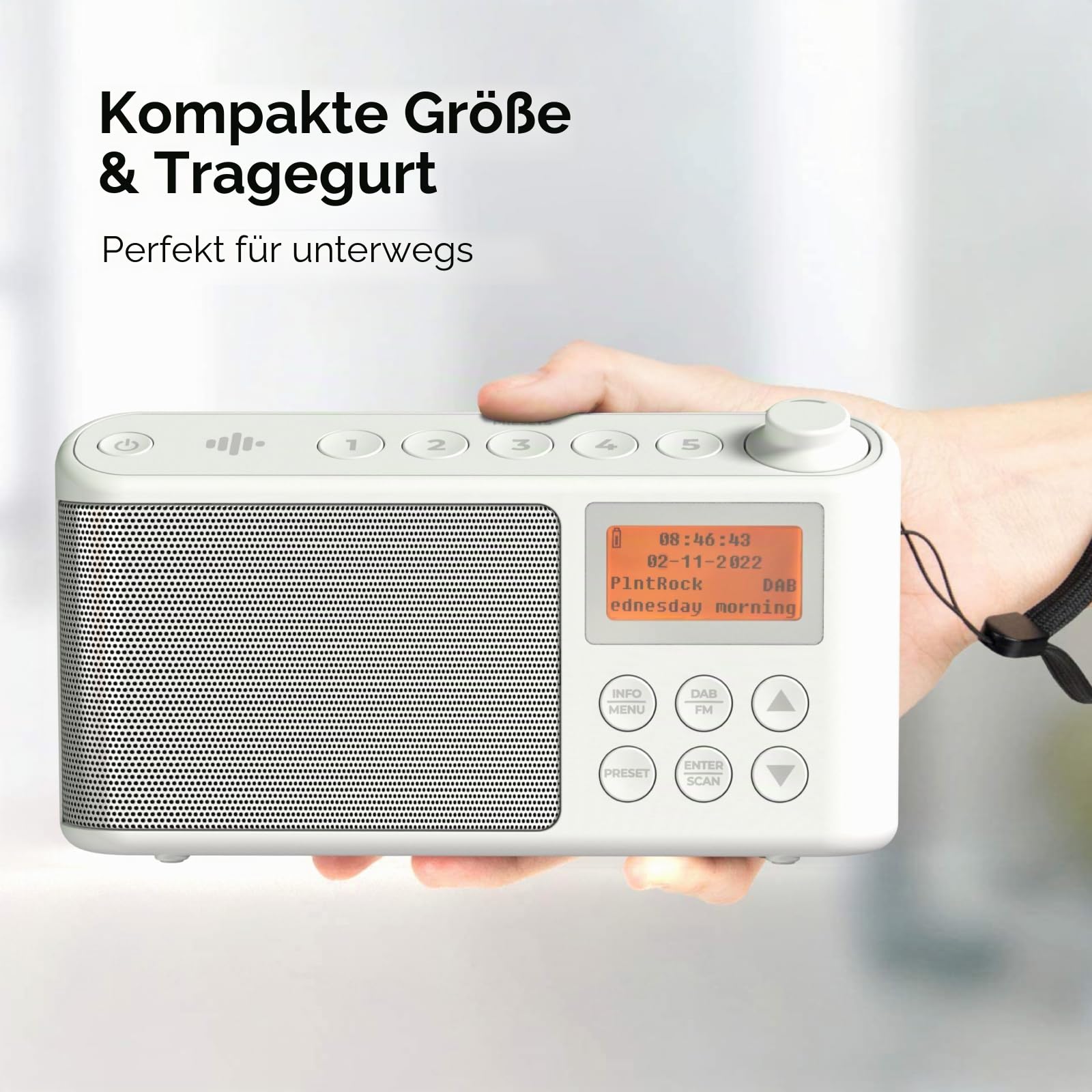 DAB/DAB Plus/FM Radio, Klein Digitalradio Tragbares Batteriebetrieben, Mini Radio Digital Akku & Netzbetrieb Kofferradio, USB-Ladekabel (Weiß)