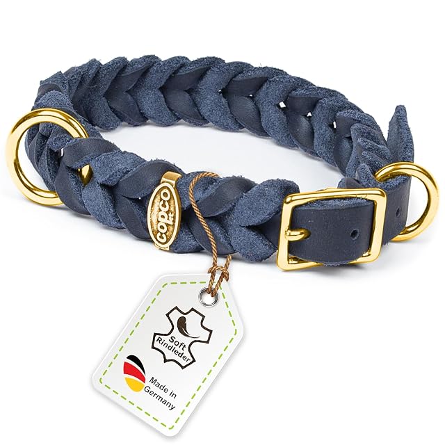 CopcoPet Collar para perro de piel engrasada, 50-55 cm x 25 mm, color azul marino, collar de piel trenzada