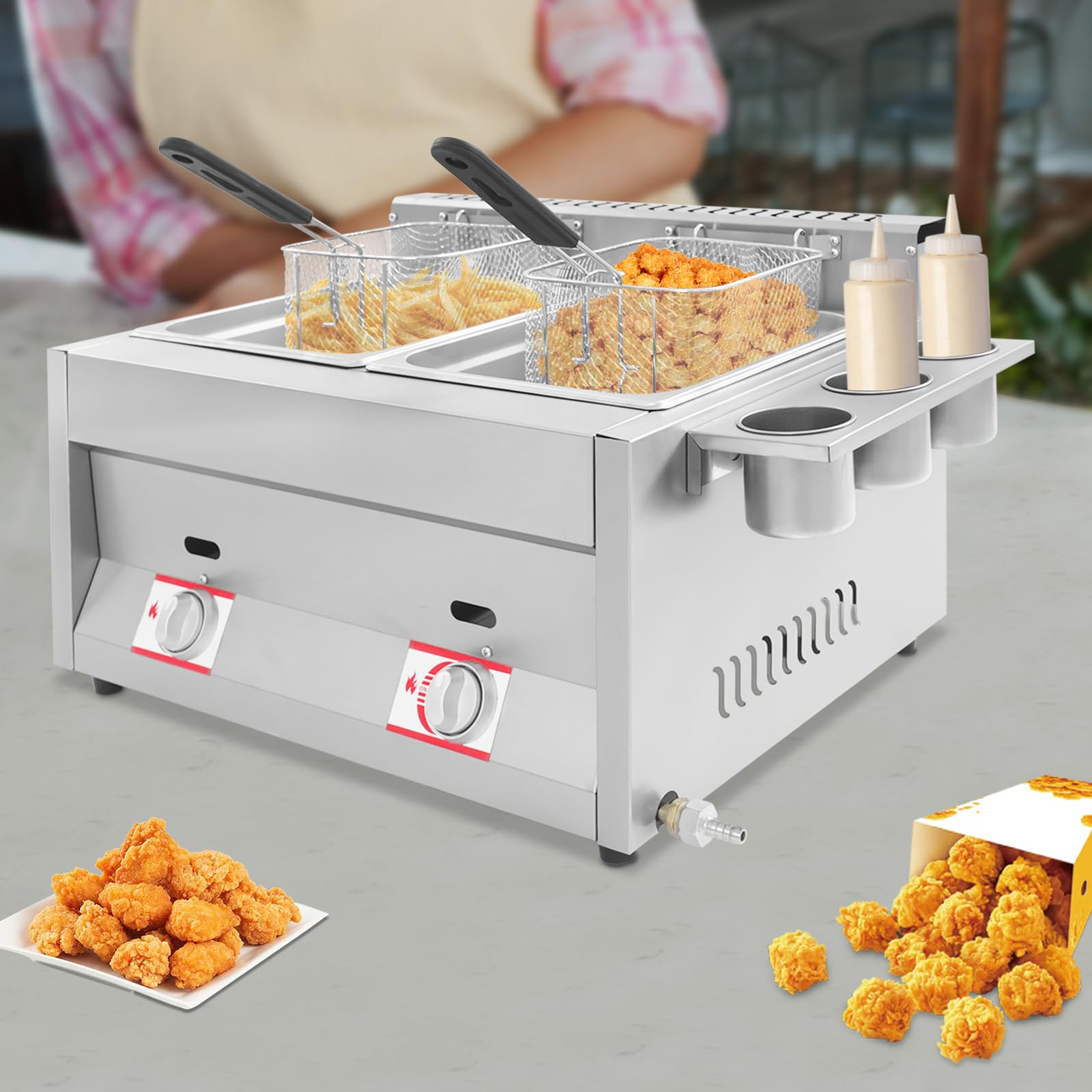 Friteuse à gaz commerciale, double friteuse à gaz, 6 l + 6 l, avec panier à friture et couvercle, température réglable, chauffage rapide pour usage commercial, maison, restaurant, restaurant