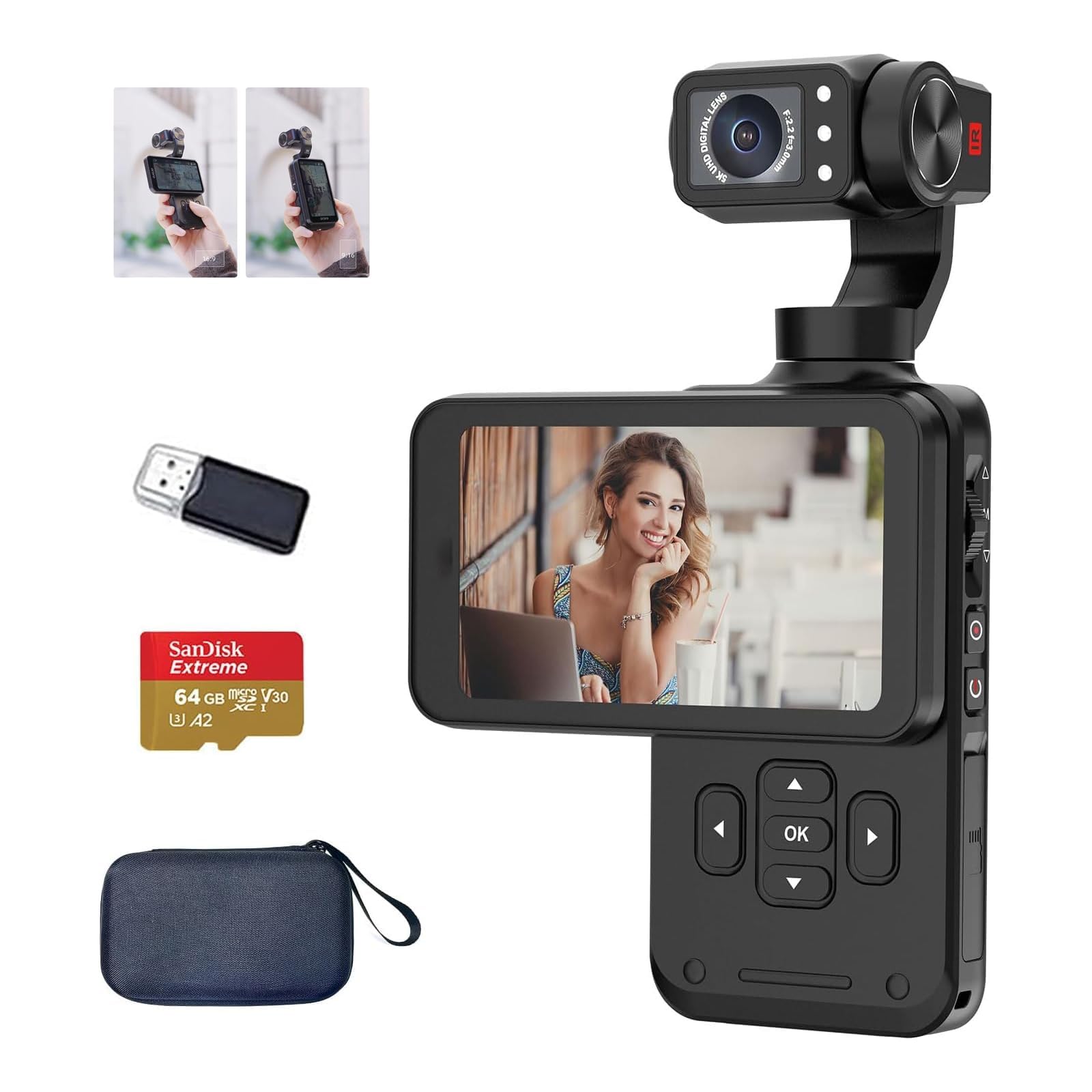 Videocámara 5K, cámara de vlogging de mano con visión nocturna WiFi IR, estabilización de 3 ejes, pantalla táctil IPS de 3.5 pulgadas, cámara portátil con lente giratoria de 180° con tarjeta de 64G