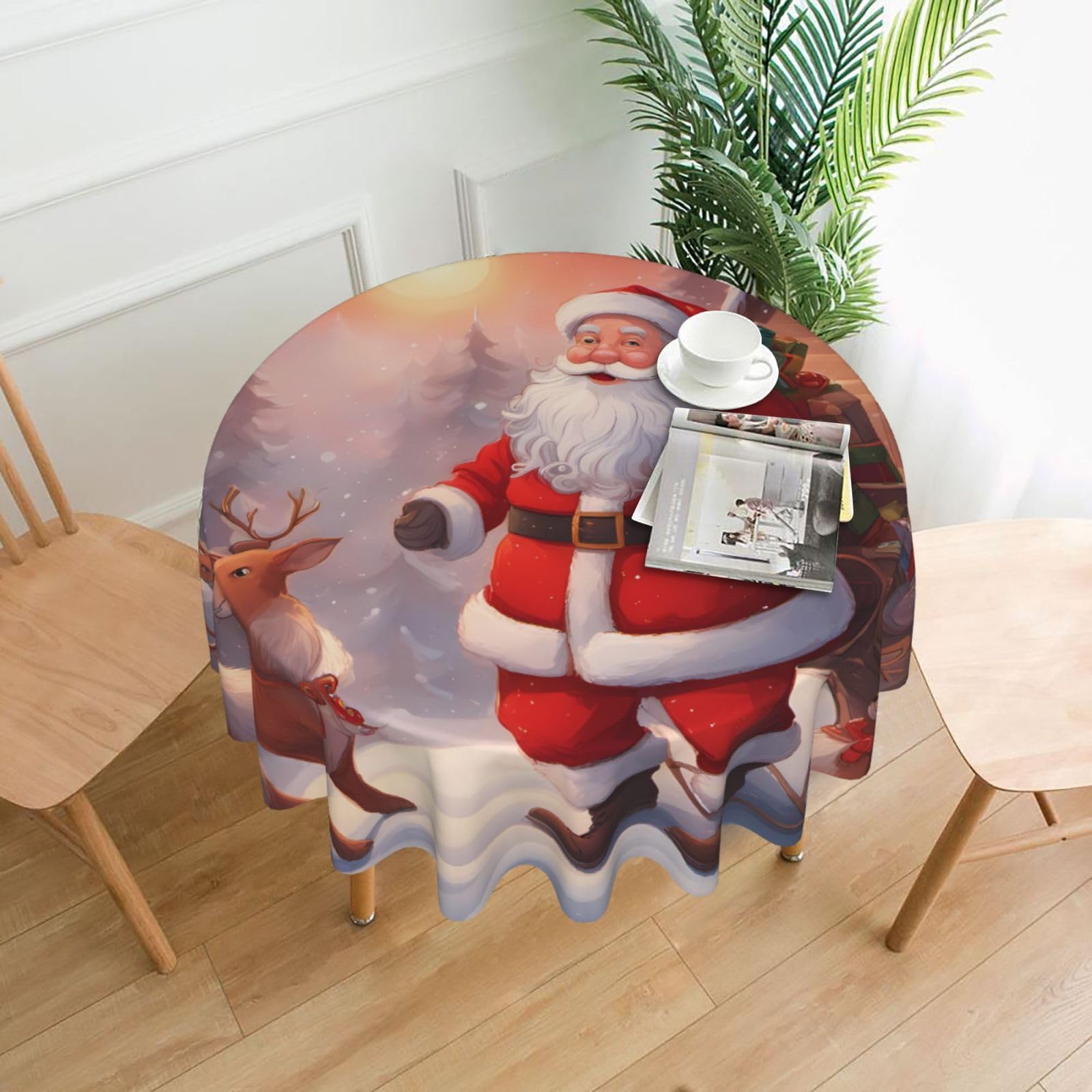 HLBSDM Winter Santa Claus Printed Practical Round Tablecloth, Durable, Suitable for Home, Restaurant, Hotel, Gathering, and Decorative Table Covers