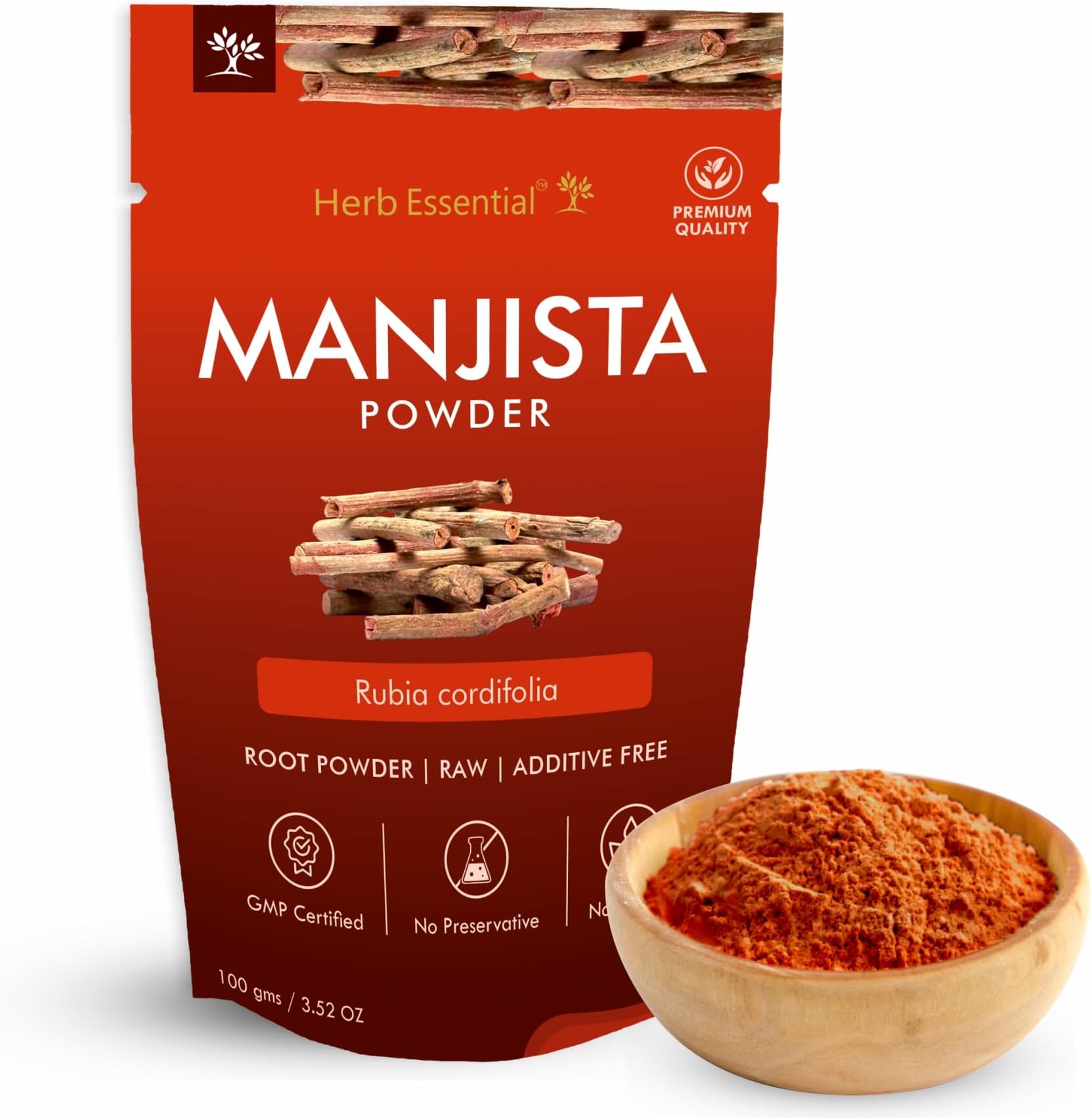 Herb Essential Pure Manjistha Powder – 100g | 100% Natural Rubia Cordifolia | Supports Skin Detox, Radiance & Hair Health | Vegan & Chemical-Free