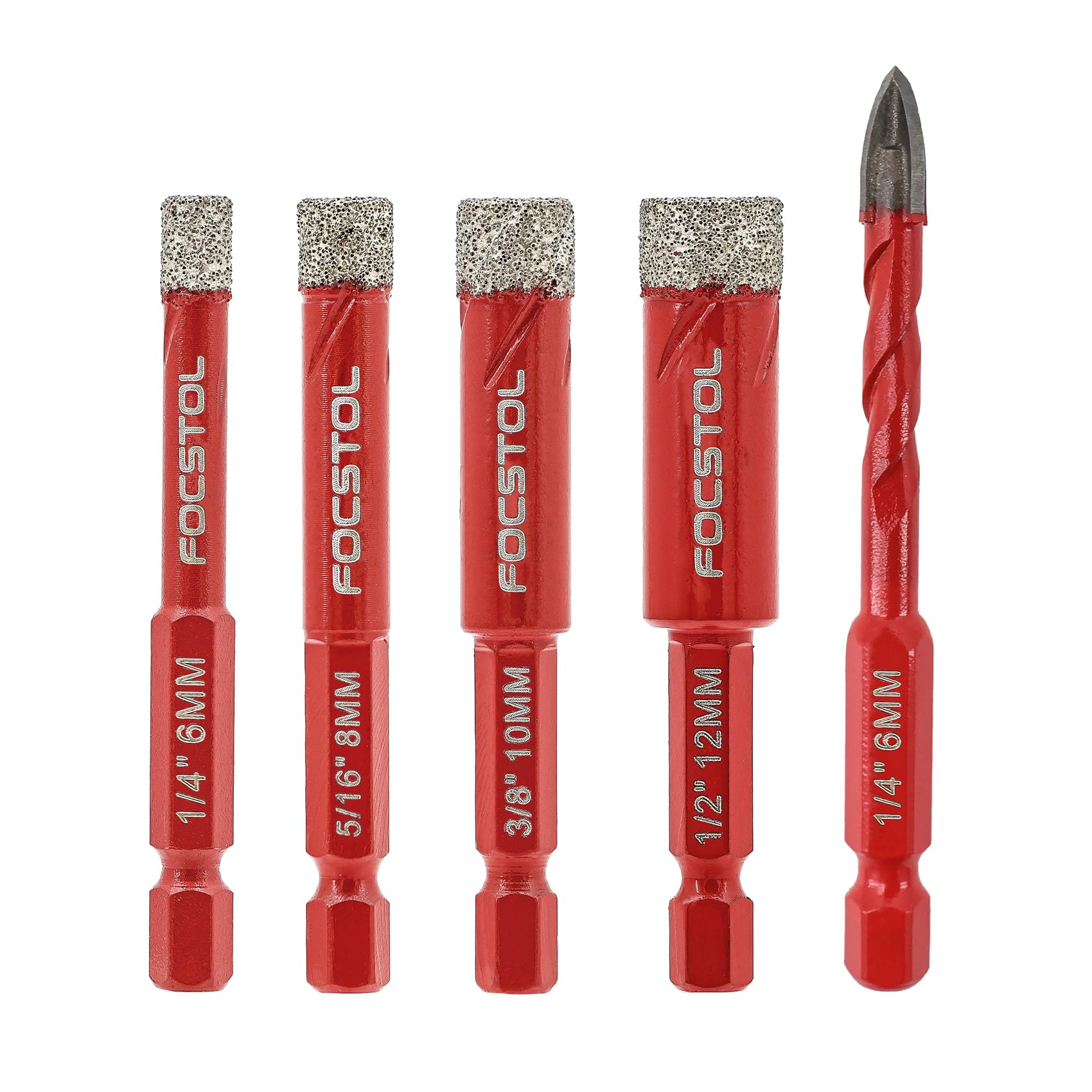 FOCSTOL Diamant Fliesenbohrer 6/8/10/12mm mit Schnellwechsel-Sechskantschaft und 6mm Hartmetallbohrer für Keramik Porzellan Fliese Marmor Granit Ziegel Packung mit 5