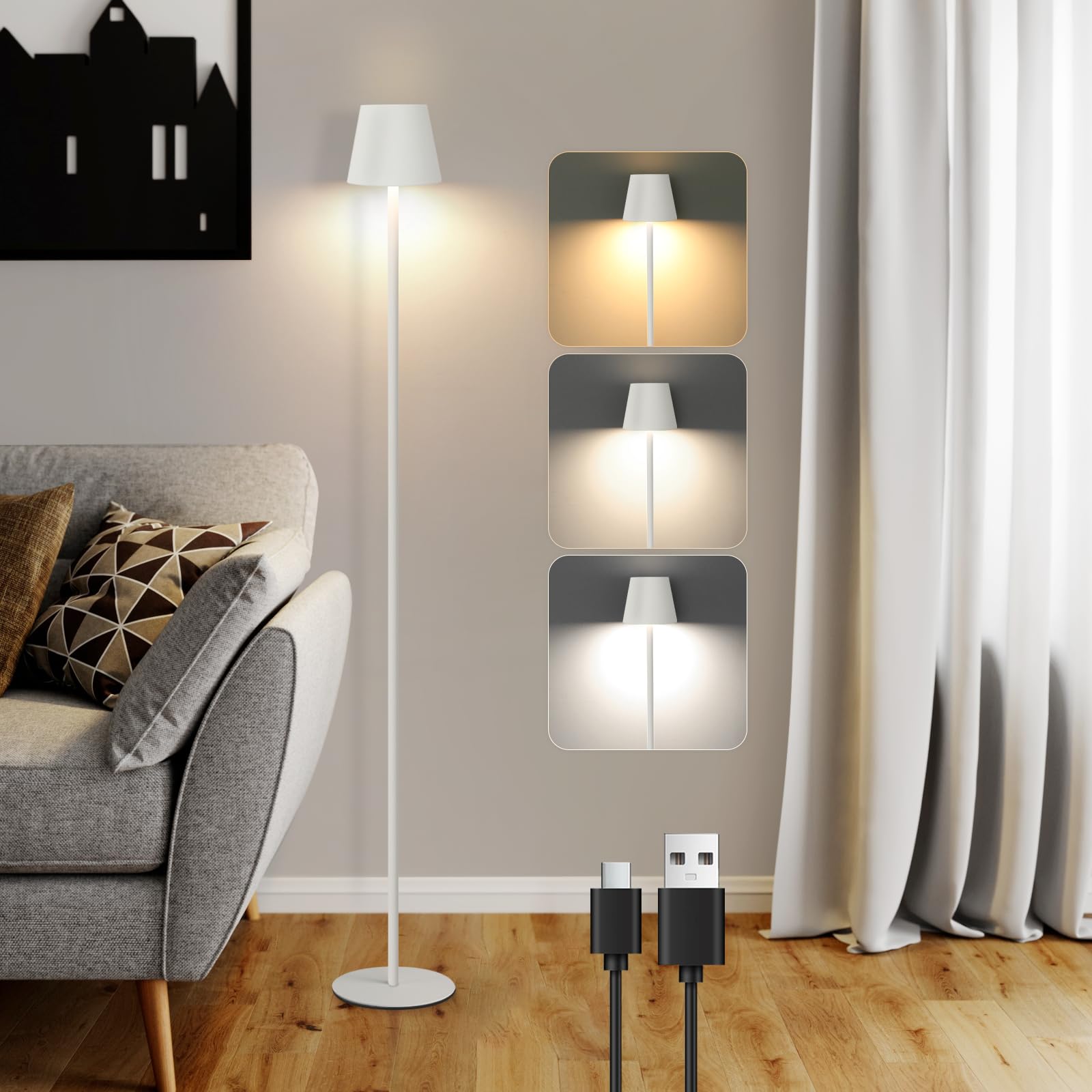 Homefire Lámpara de Pie LED Regulable - Moderna Lámpara de Pie Recargable por USB con 3 Temperaturas de Color Lámpara de Pie Blanca para Dormitorio
