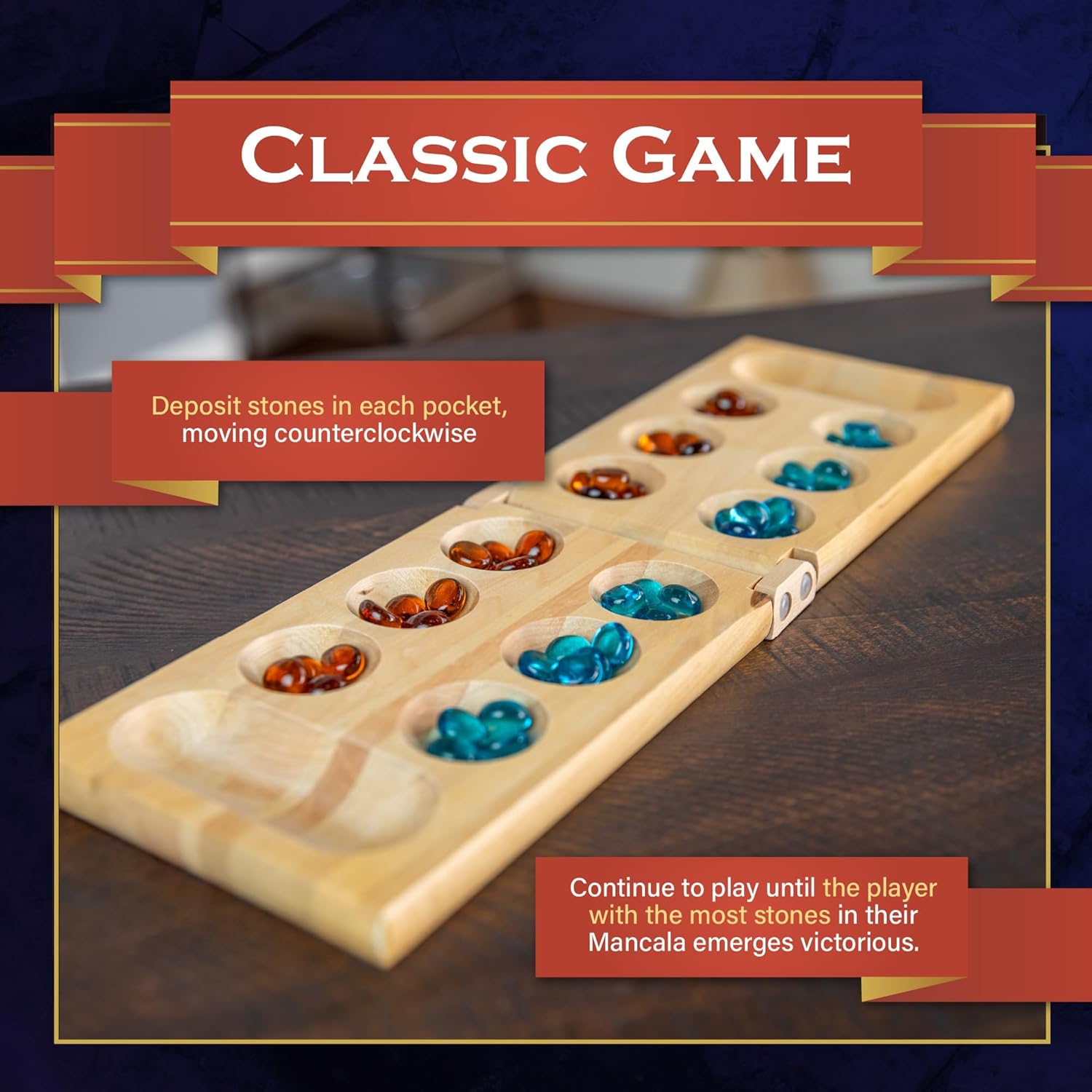 Family Traditions Mancala 2 Player Board Game, Fun Classic Table Game with Wooden Board and Deep Pockets for Mancala Gems, Popular Strategy Game for Adults & Kids, Ideal for Family Game Night, Travel