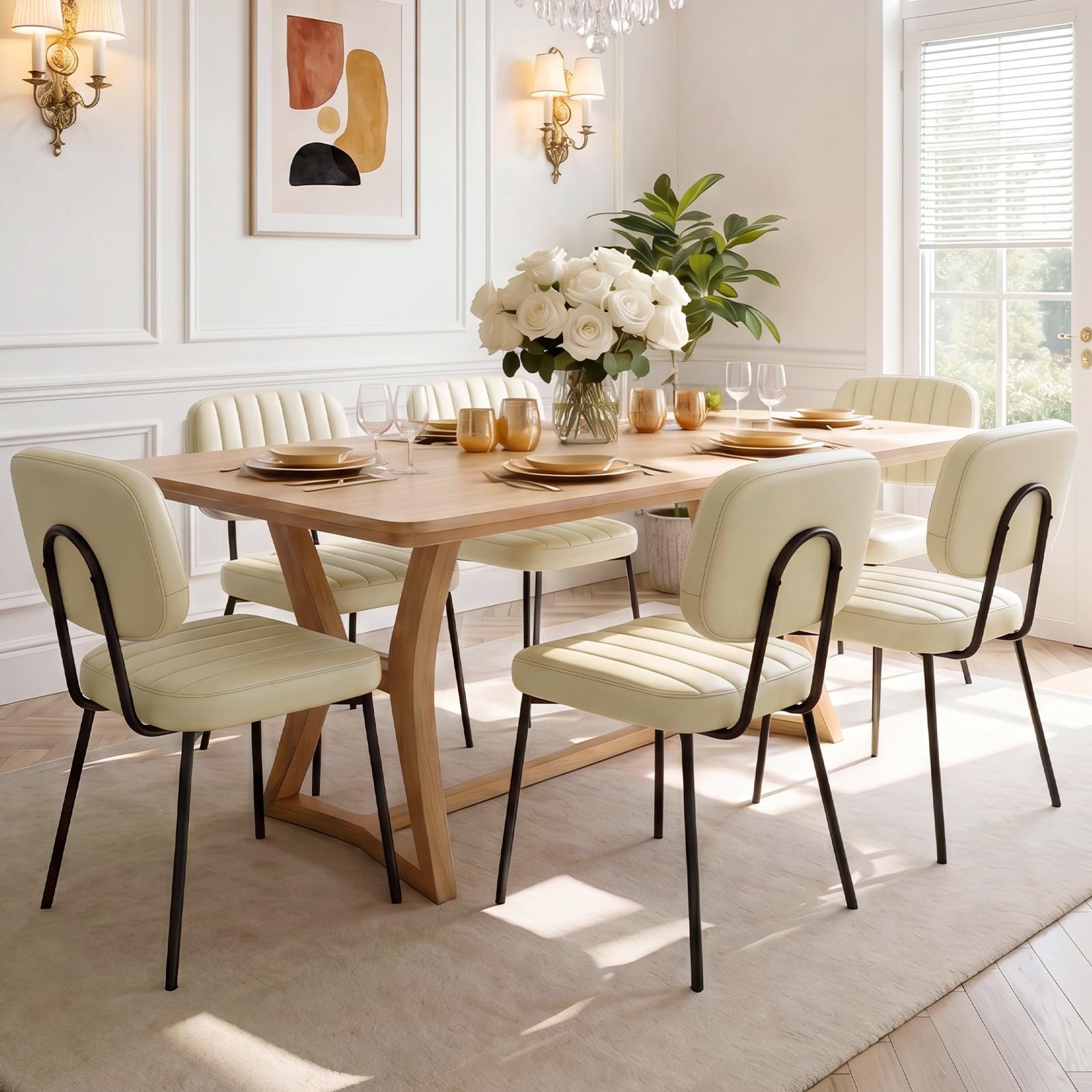 OLIXIS Dining Chairs Set of 6, Beige White