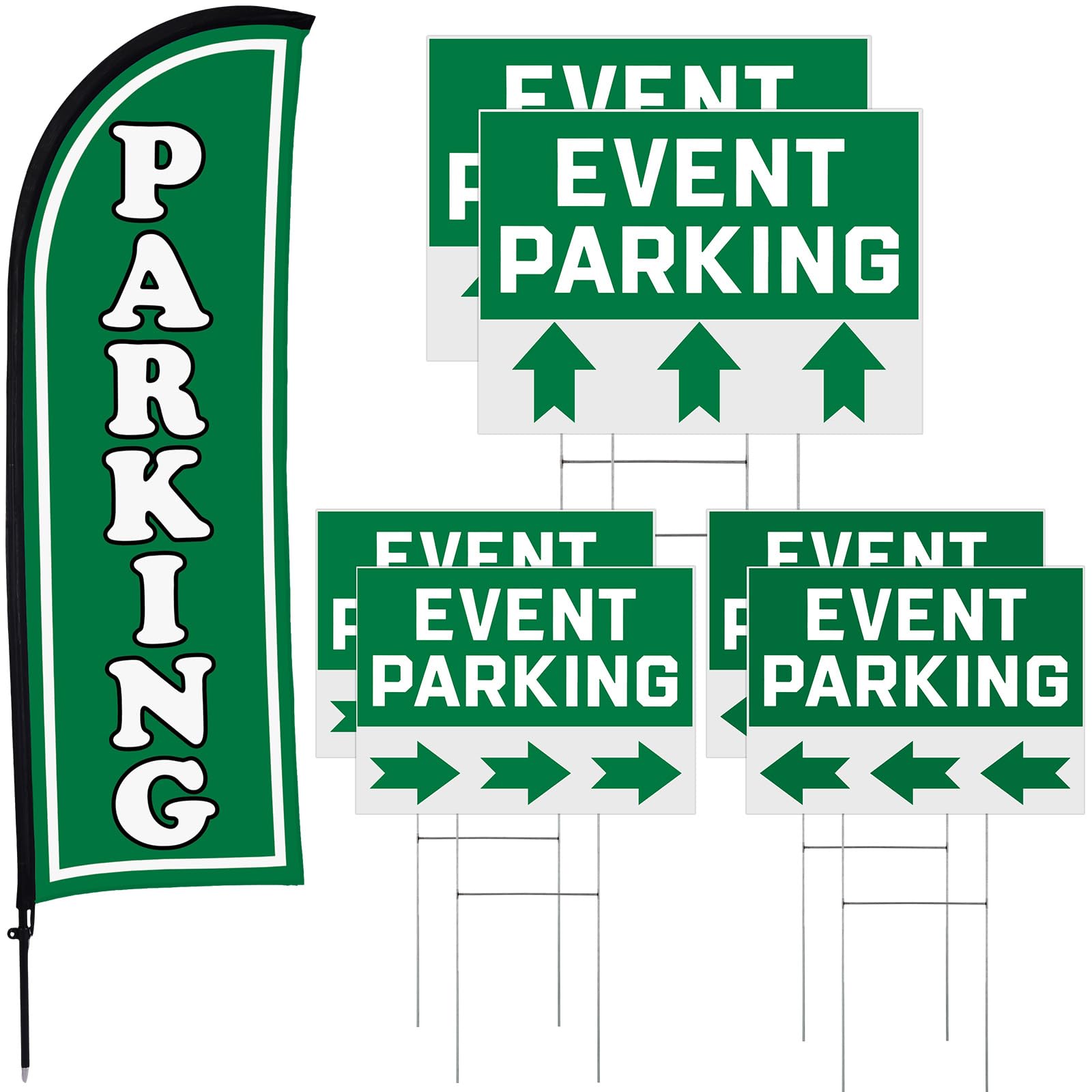Parking Sign Set 1 Pack Feather Flag 6 Pack Double Sided Event Parking Arrows Signs with Metal Stakes for Yard Outside, Business Advertising, Directional Signage(Green)