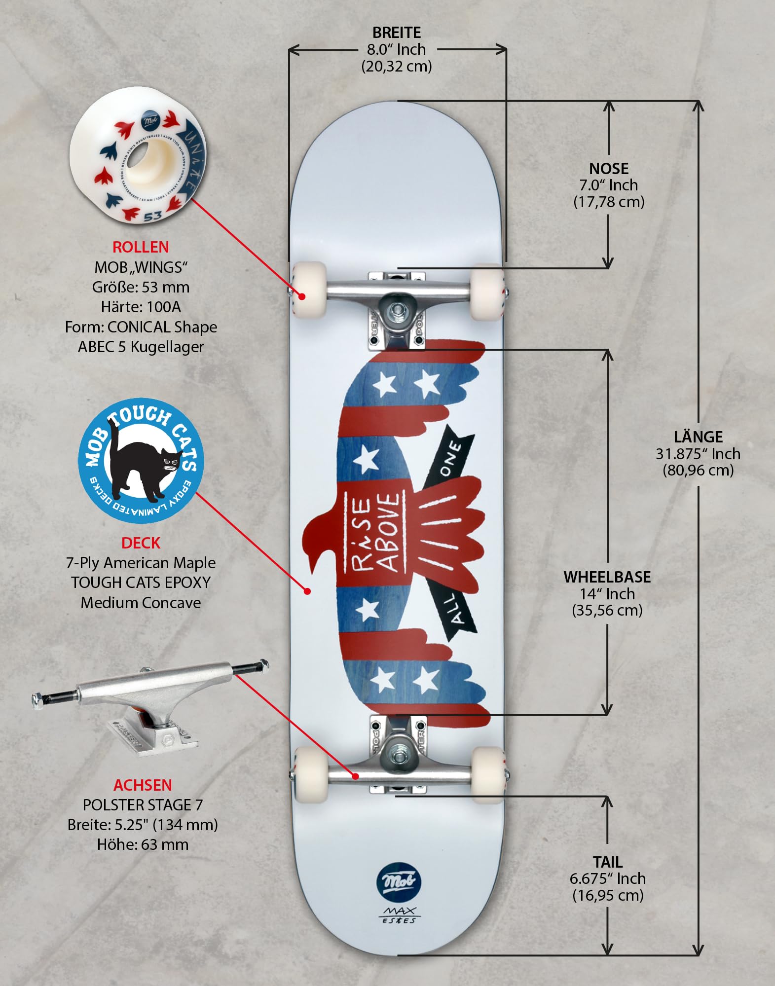 MOB Skateboard Rise 8.0 Complete – Tavola completa 31.875 x 8 pollici – Tavola in legno d'acero – già montata – Skateboard principianti e professionale per adolescenti, adulti – Aquila America –