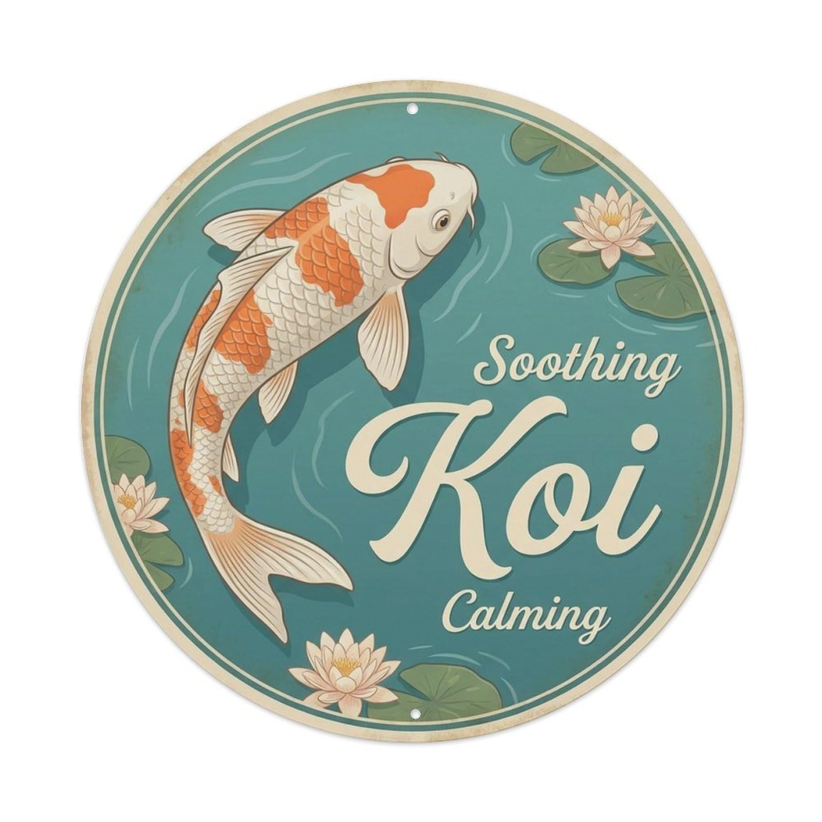 Japanese Koi Retro Illustration Calming Classic Metal Tin Sign Plaque Wall Decor for Cafe, Man Cave, Club Bar, Office, Home Garden Round Metal Poster 8x8Inch