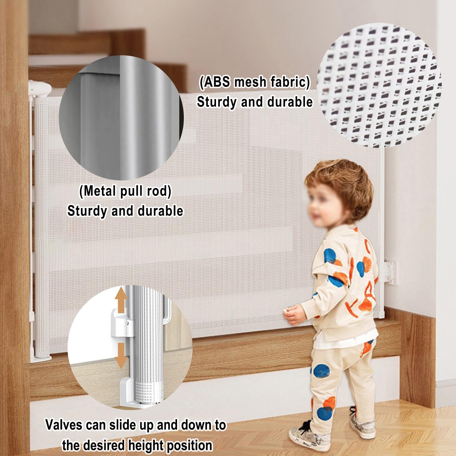 Puerta Retráctil para Bebés y Mascotas, Barrera de Seguridad Extensible Fácil de Instalar Panel de Malla Transpirable, Puerta de Escalera Retráctil para Bebé para Escaleras(Blanco,86 * 180cm)
