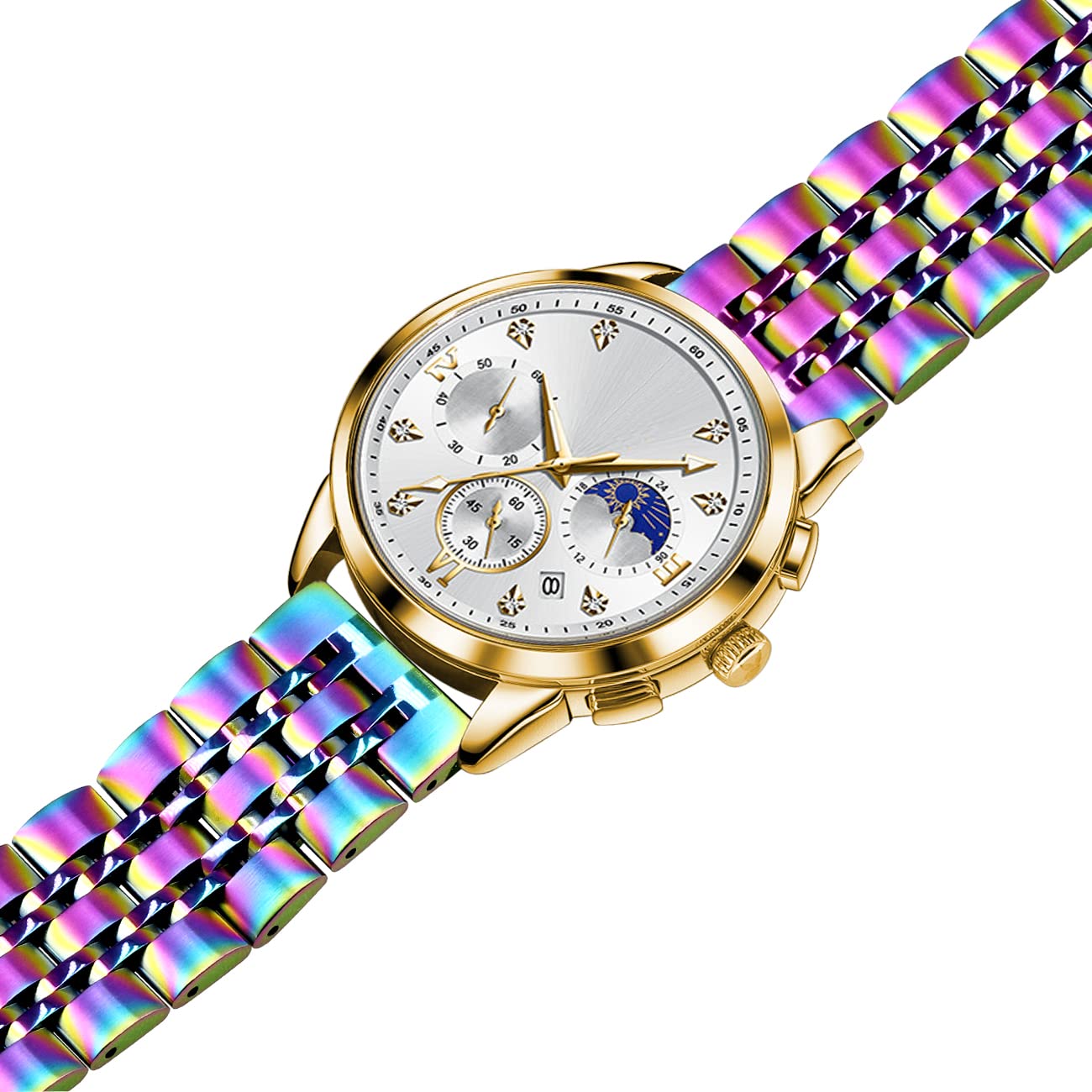 Bracelet de montre en métal à dégagement rapide, 20 mm, bracelet classique en acier inoxydable avec 7 rangées de lignes épurées bicolores, brossé et poli, pour homme et femme, bleu