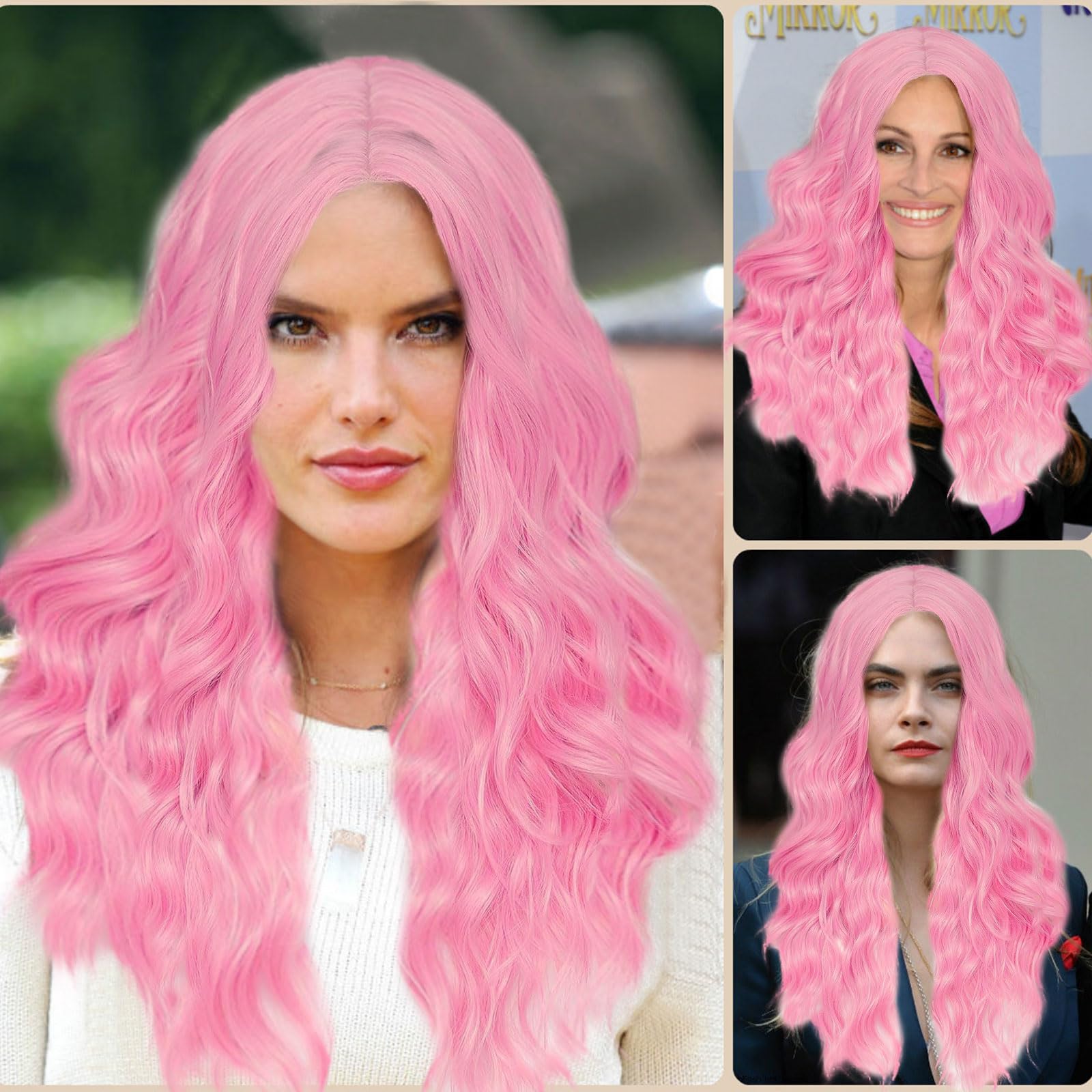 XNIVUIS Pink Wigs for Women Long Wavy Curly Wigs for Women Girls Full Hair Middle Parting Wig for Daily Wear Cosplay Masquerade Halloween (Pink) - Image 4
