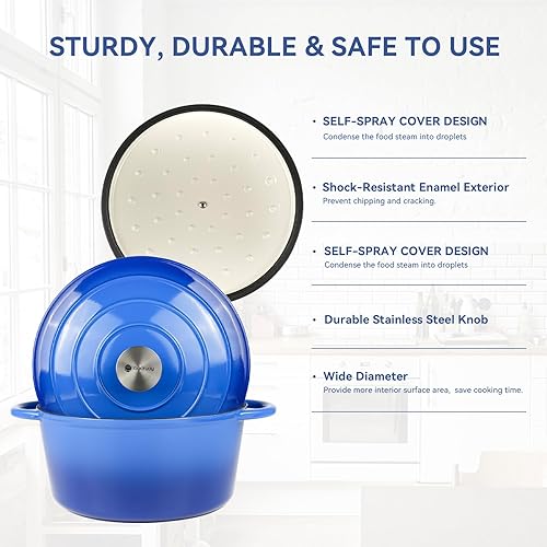 Miniatura 5 de Gacuray - Olla de horno holandés de hierro fundido esmaltado de 6.8 cuartos de galón con asas dobles Lidnd, resistente, antiadherente, color azul