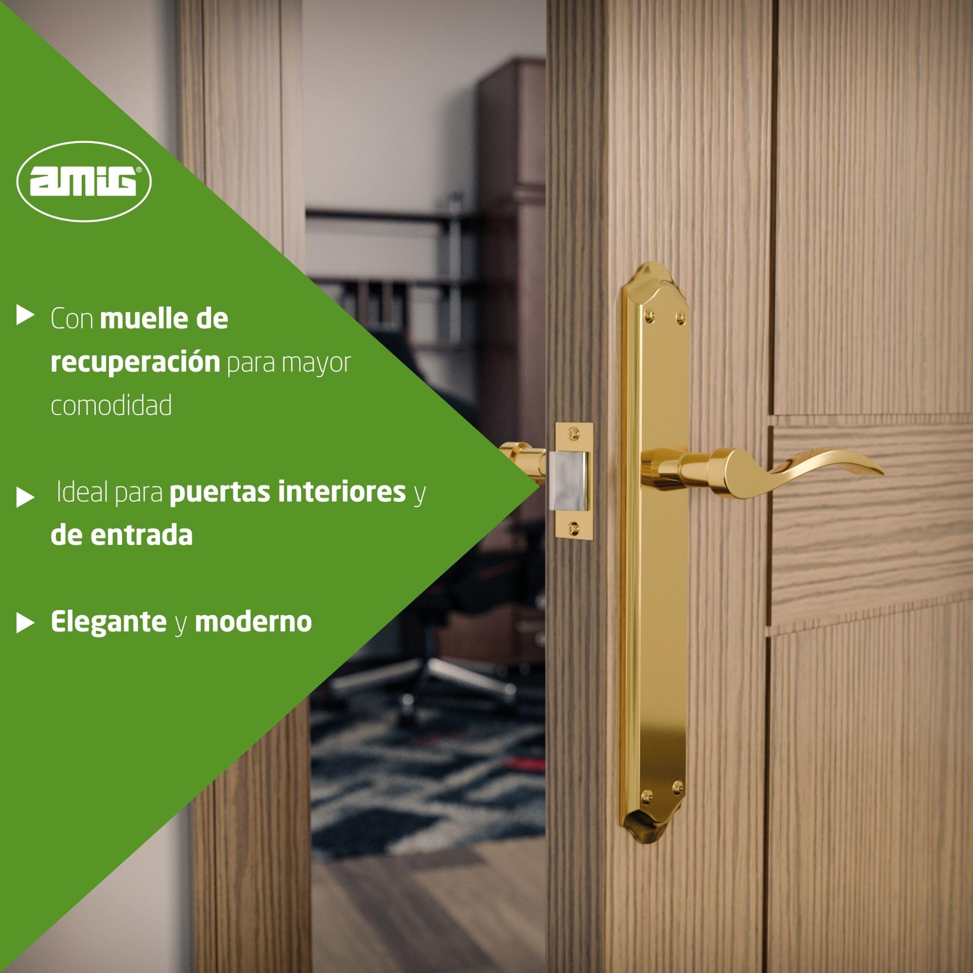 Amig – Juego de Manillas con Placa para Puerta – 256 x 48 mm - Placa de Acero y Tirador de Aluminio – Cuadradillo de 8 mm – Latonado Mate - Mod. BETA - Incluye Tornillos Pasantes Antirrobo